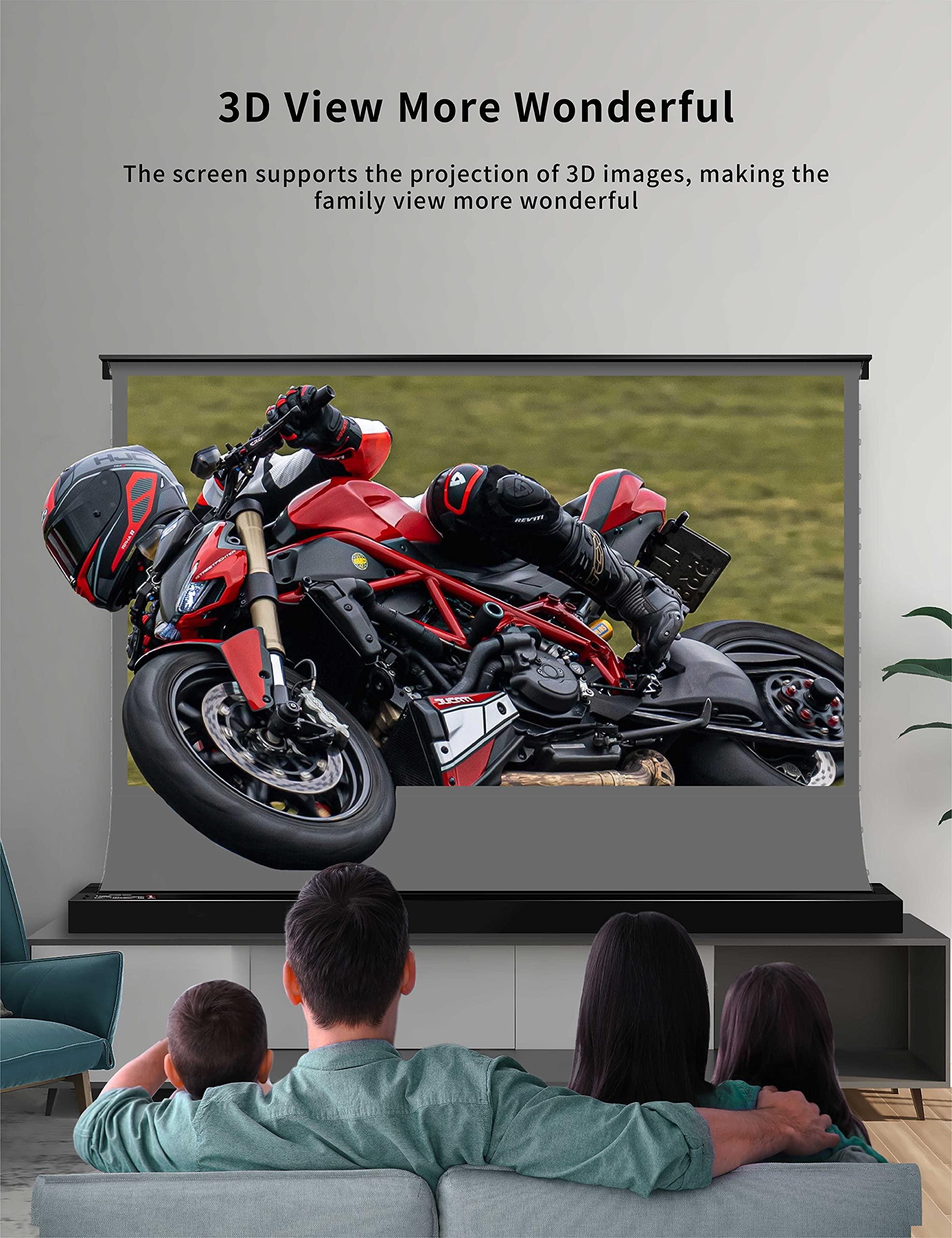 VIVID STORM SINCE 2004 VIVIDSTORM-Movice Screen,3D Long Focus Ambient Light Rejecting Screen, Motorized Floor-Rising Projection Screen,Compatible with Lumen up to 1800ANSI of Normally Projector, VSDSTALR84H-3D