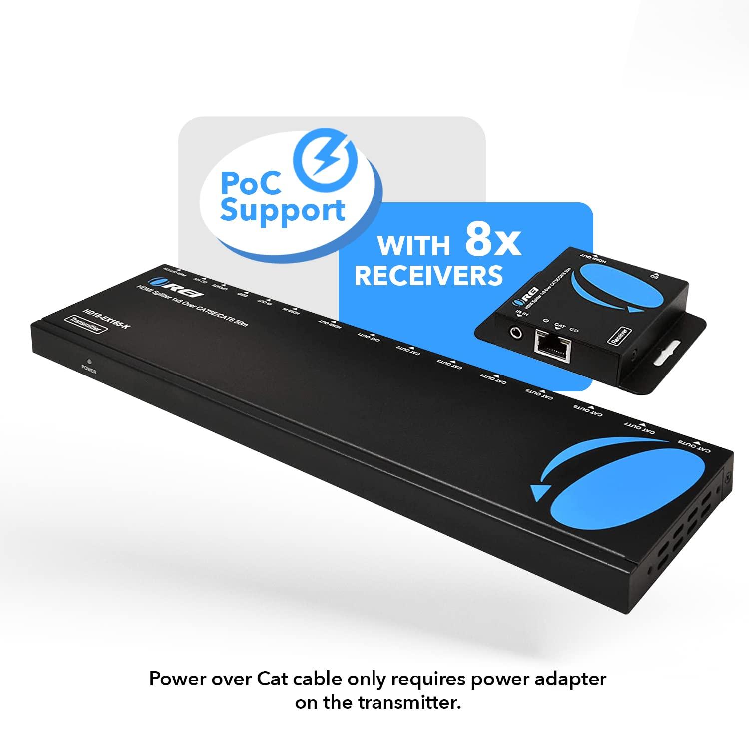 OREI OREI 4K 1x8 HDMI extender splitter multiple over CAT 6/7 cable with EDID management - 4K@30Hz upto 165ft and 1080p@60Hz upto 230ft- Loop Out