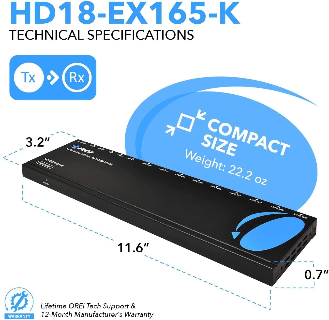 OREI OREI HDMI Extender Splitter 1 In 8 Out over CAT6/7 Cable 1080P@60Hz with EDID Management - Up to 165 Ft - Loop Out - IR Control - Low Latency