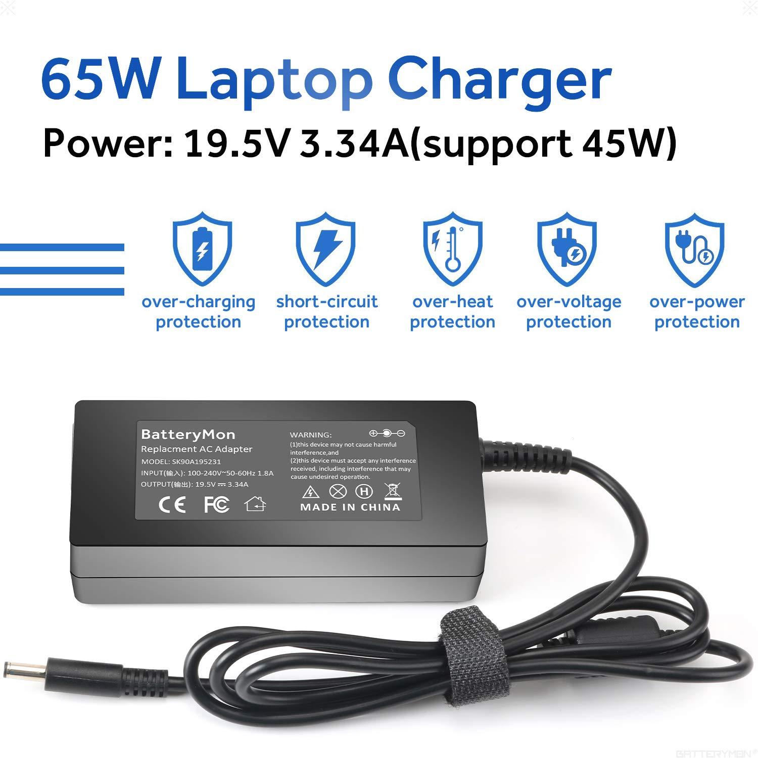 BatteryMon 65W Laptop Charger Compatible with Dell 1nspiron 15 5000 5566 P66F P75F P51F P51F006 P24T P24T001 P20T P25T P29G P54G P57G P60G P64G P69G P76G P83G P87G P89G P63F P47F P55F P58F P70F P28E P30E Laptop
