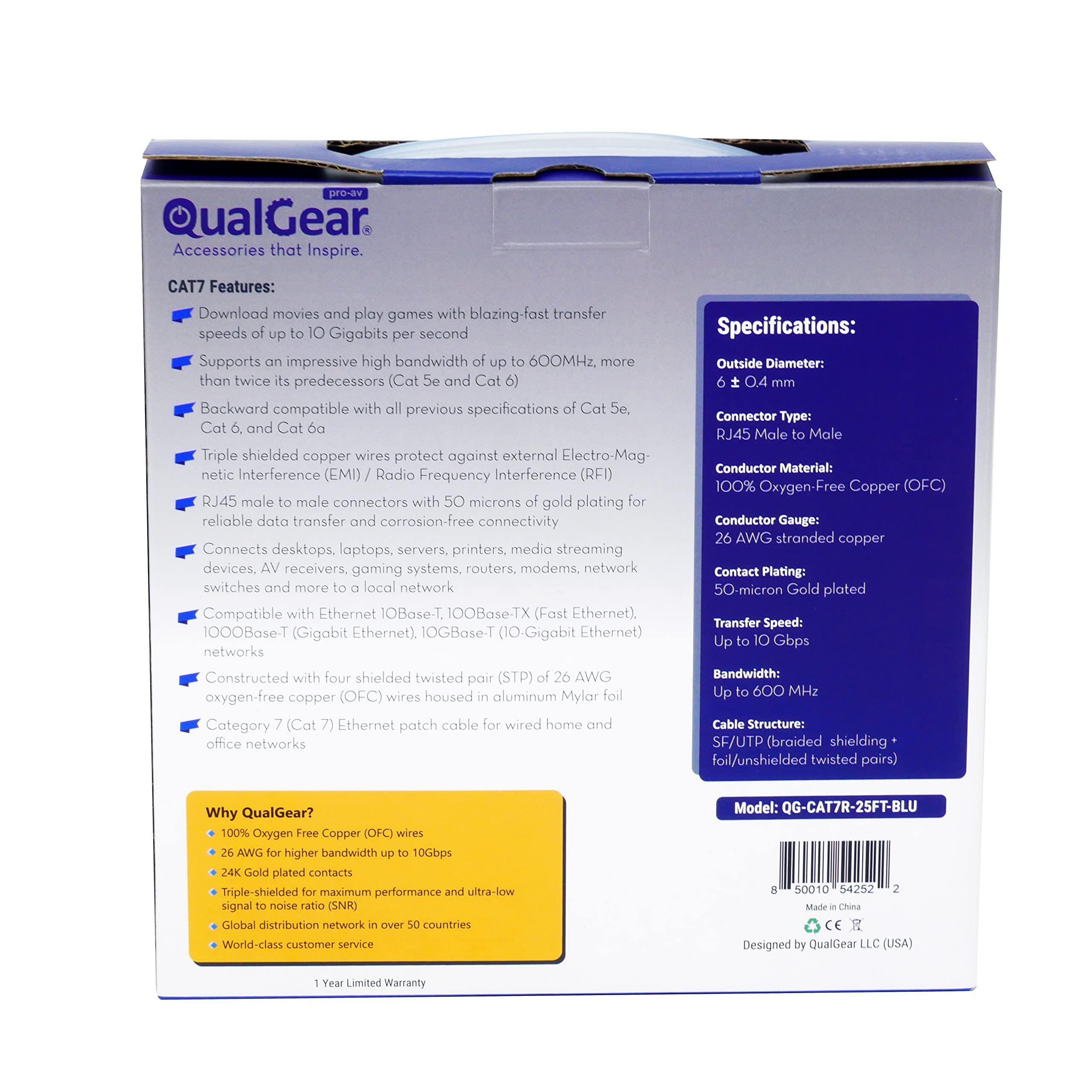 QualGear QualGear RJ45 Cat 7 Ethernet Patch Cable, 10Gpbs High-Speed Cable, 600MHz, Triple-Shielded, Round, 25 Feet, Blue