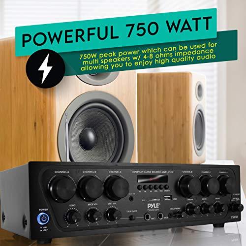 Pyle Pyle Wireless Bluetooth Home Audio Amplifier System-Upgraded 6 Channel 750 Watt Sound Power Stereo Receiver w/USB, Micro SD, Headphone,2 Microphone Input w/Echo, Talkover for PA - PTA62BT.5