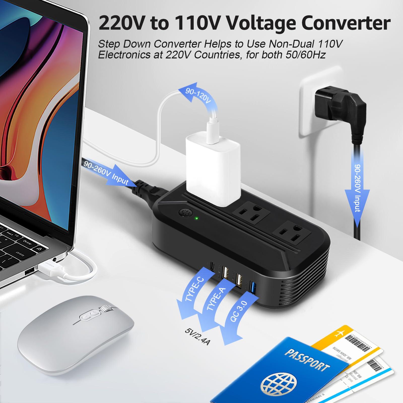 AceChef Voltage Converter 2300W International Power Converter Step Down 220V/240V to 110V/120V Travel Adapter w/ 3 USB + 1 Type C+ 3 AC Outlets + 7 Worldwide Plug Adapter for EU/US/AU/IT/UK/India/South Africa
