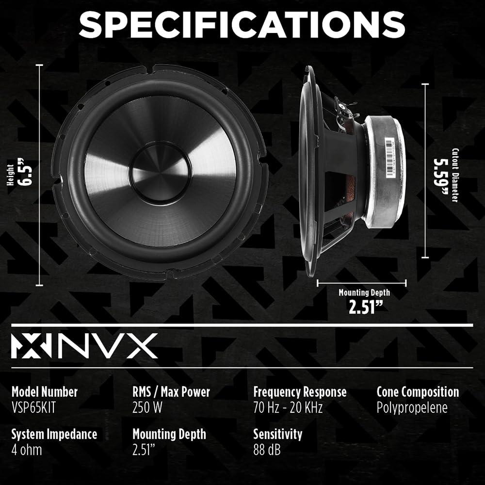 NVX NVX VSP65KIT 6.5\" Premium Car Speakers, 750W Max, 250W RMS, 2-Way 6-1/2 inch Component System w/ 1\" Silk Dome Tweeters & Passive X-Overs, Easy to Install in Cars/Trucks/Doors (Pair)