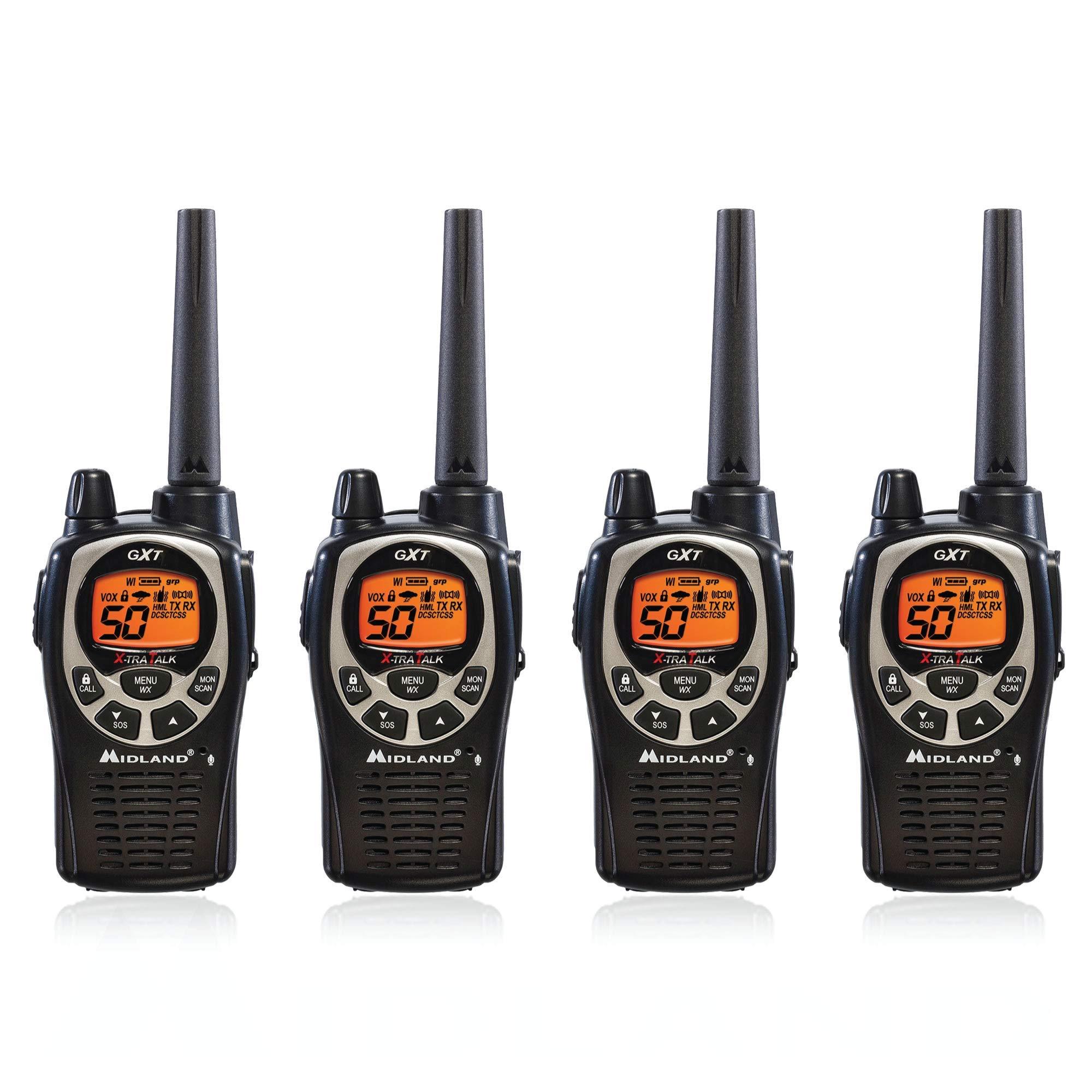 Midland Midland GXT1000VP4 50 Channel GMRS Two-Way Radio - Up to 36 Mile Range Walkie Talkie - Black/Silver (Pack of 4)