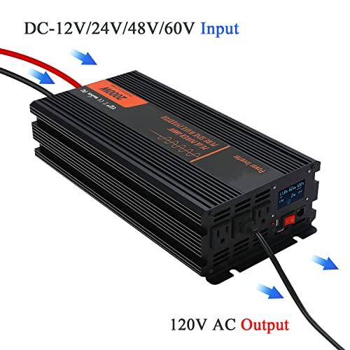 TOOJUN Car Power Inverter Pure Sine Wave DC 12V/24V/48V/60V to AC 120V/220V Transformer Convert with Wired Remote Control (Optional Socket),12V-120V