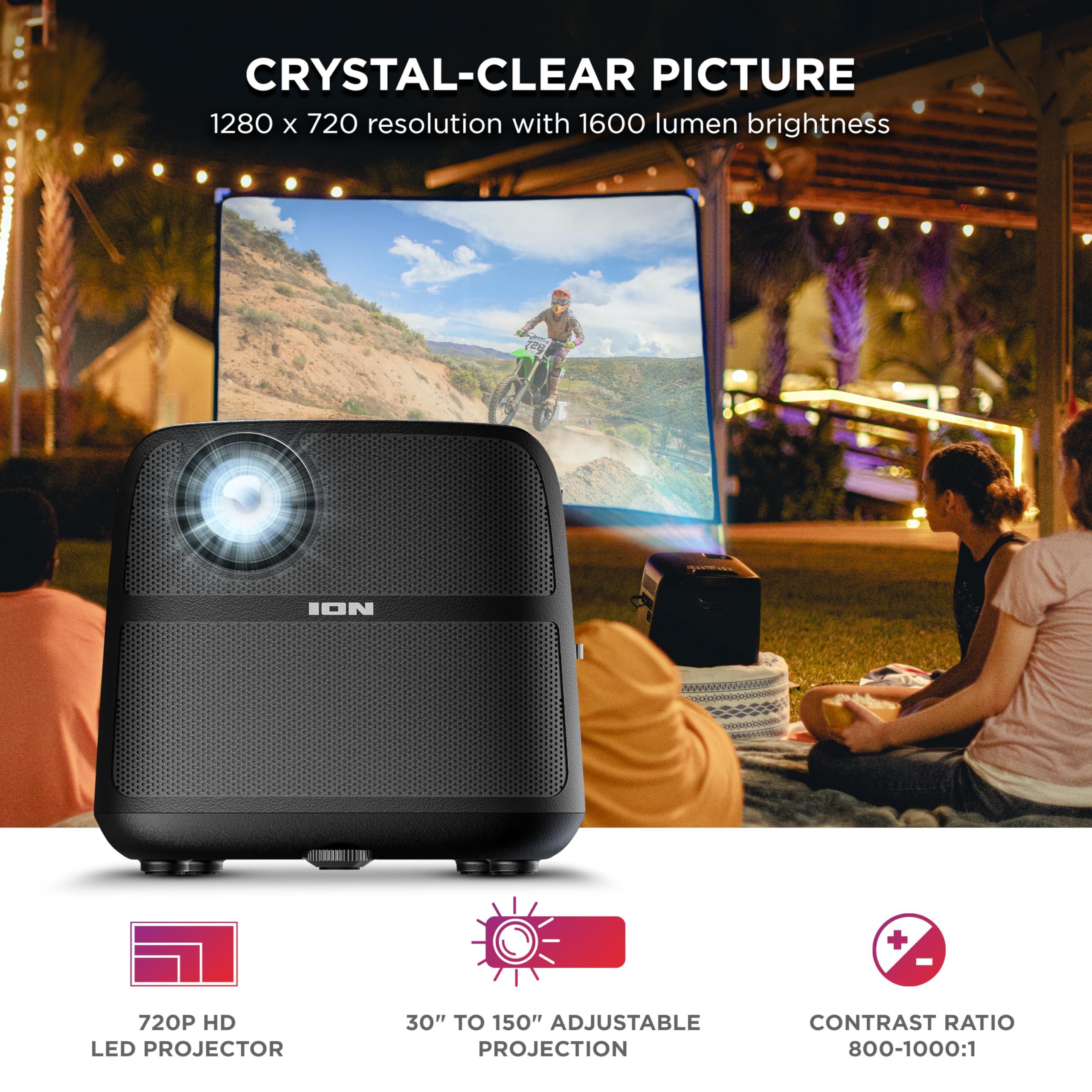 ION ION Portable Outdoor LED Projector with 70W Speakers, Bluetooth, Rechargeable Battery, Mic, USB and HDMI Connections, 720P HD