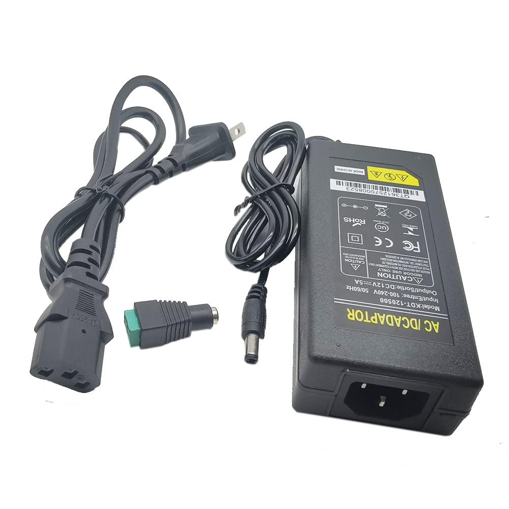 Vrabocry DC 12V 5A Power Supply Adapter Converter Transformer AC 100-240V Input with 5.5x2.5mm DC Output Jack for 5050 3528 LED Strip Module Light