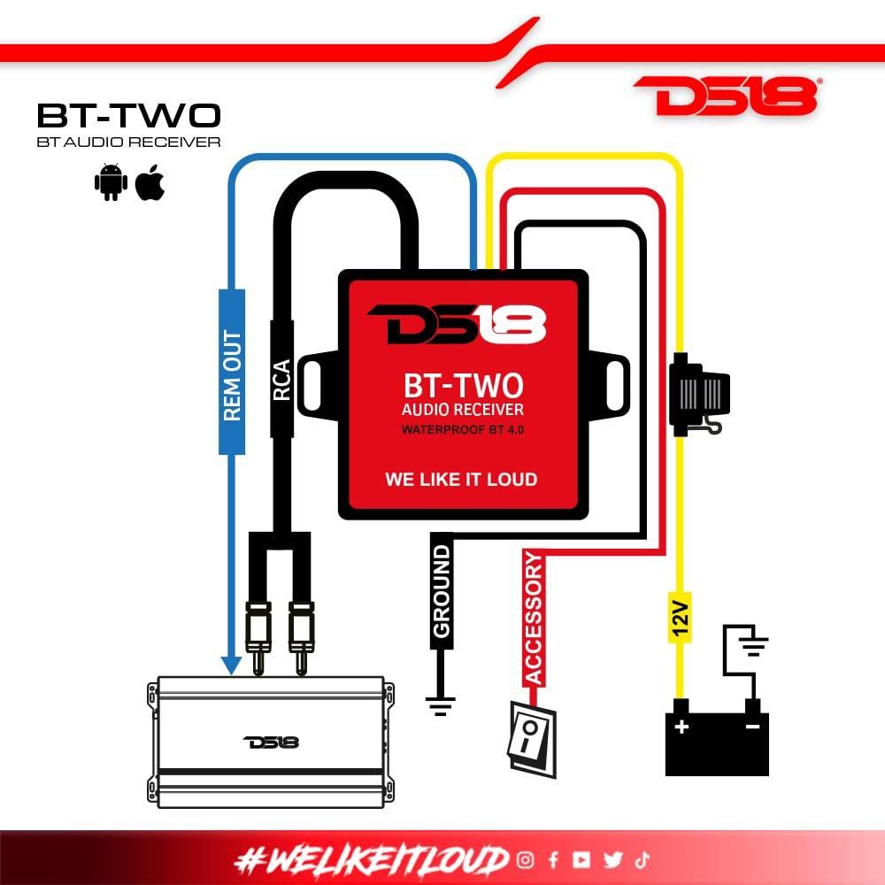 DS18 DS18 BT-Two Bluetooth Receiver - IP65 Waterproof Rated, BT 4.0, Remote Trigger Output, Stero Male RCA Output - Allows Connect & Play Integration to Your Audio Device