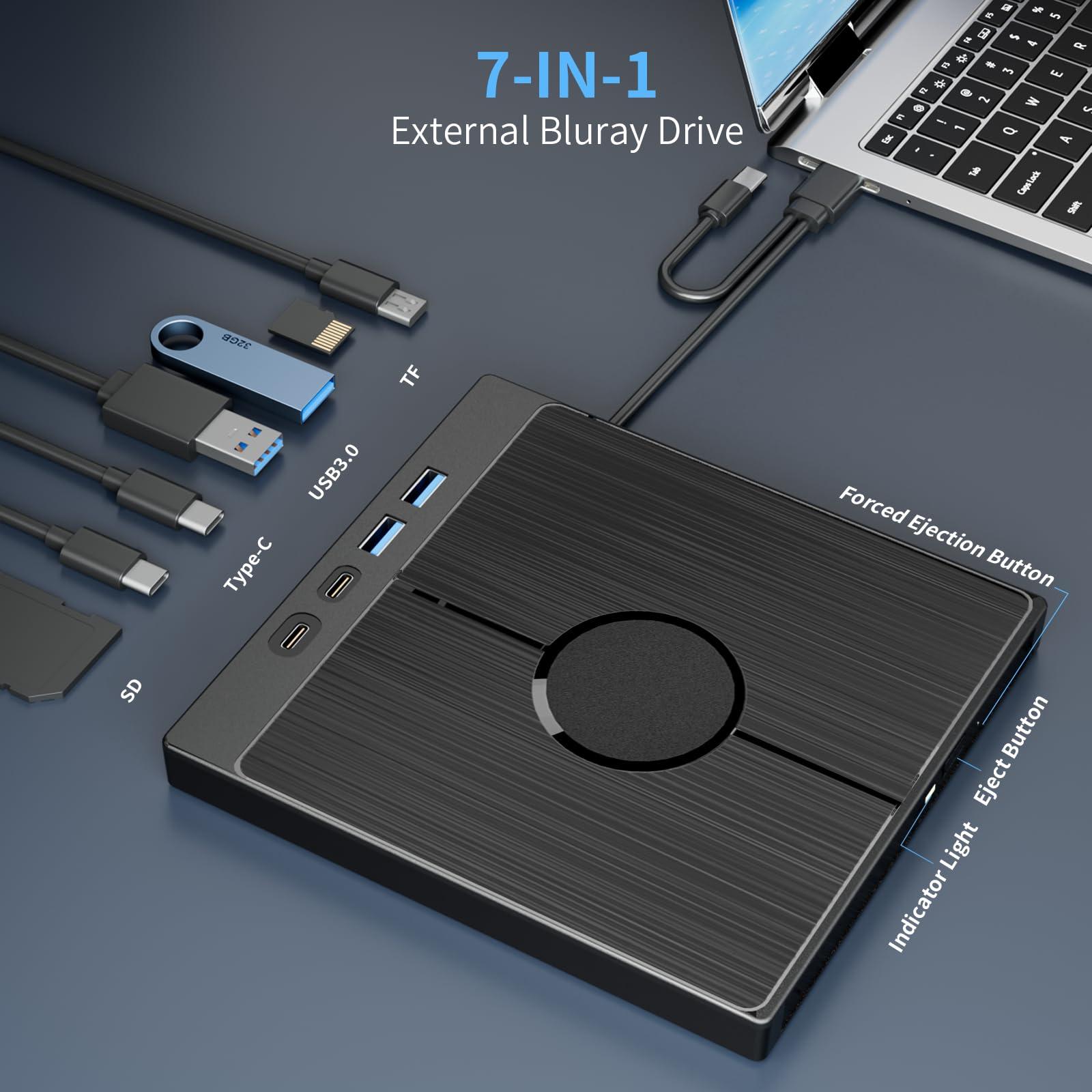 Yaeonku External Blu Ray Drive 7in1, Portable Blueray/DVD Drive for PC with USB 3.0/Type-C/SD/TF Card Ports, Support 100G Disc USB Blu Ray Drive External, Blu Ray Burner for Windows XP/7/8/10/11 Mac Laptop