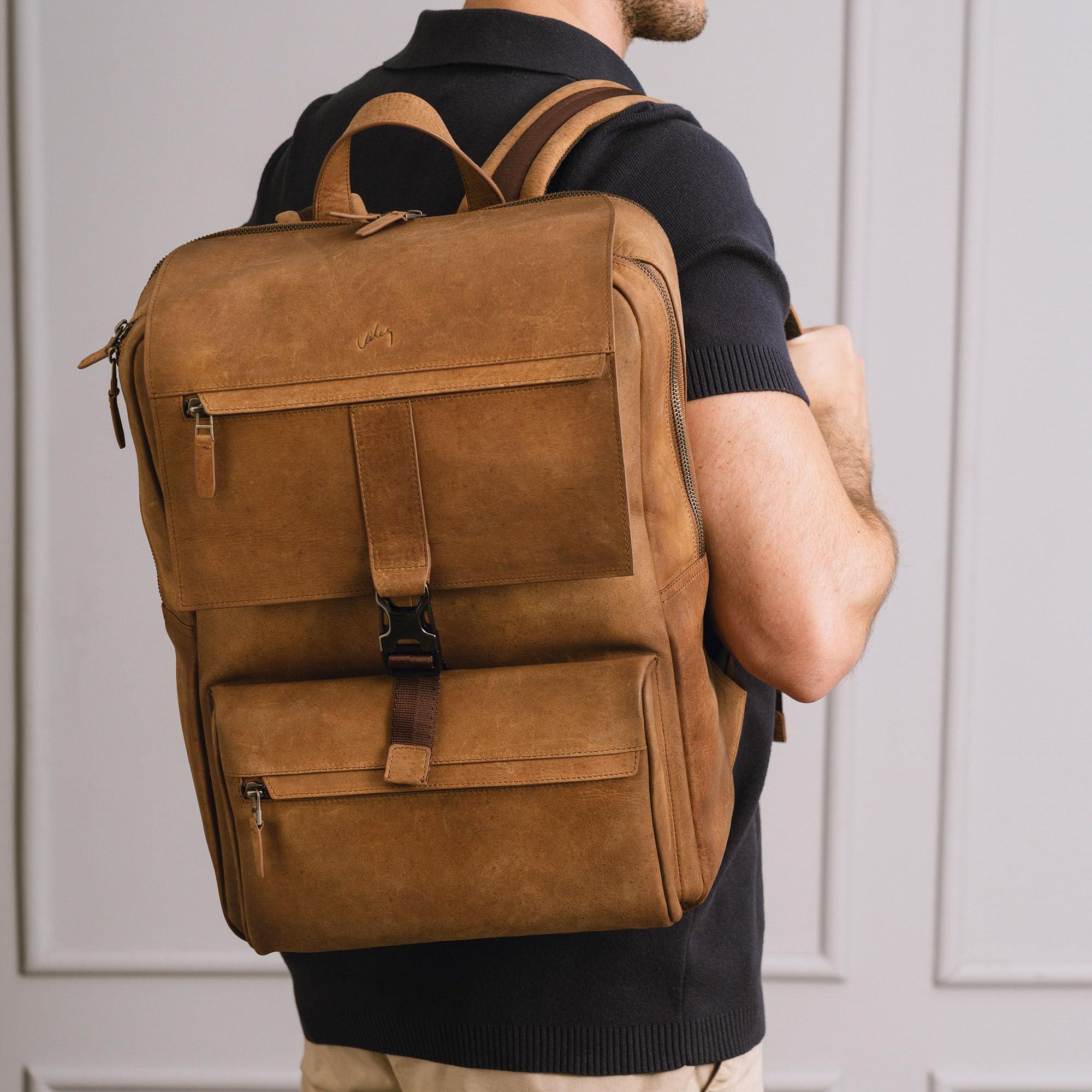 VELEZ VELEZ Brown Top Grain Leather Backpack + Black Messenger Bag for Men