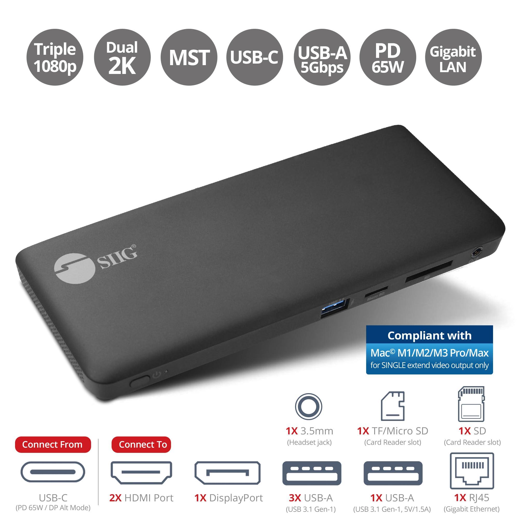 SIIG SIIG USB-C MST Triple Monitor Docking Station for Windows Thunderbolt 3 Compatible Single 4K Dual 2K Triple 1080p 65W PD, HDMI/DisplayPort, Gigabit Ethernet, SD/TF, USB 3.0 and Audio (JU-DK0R11-S1)