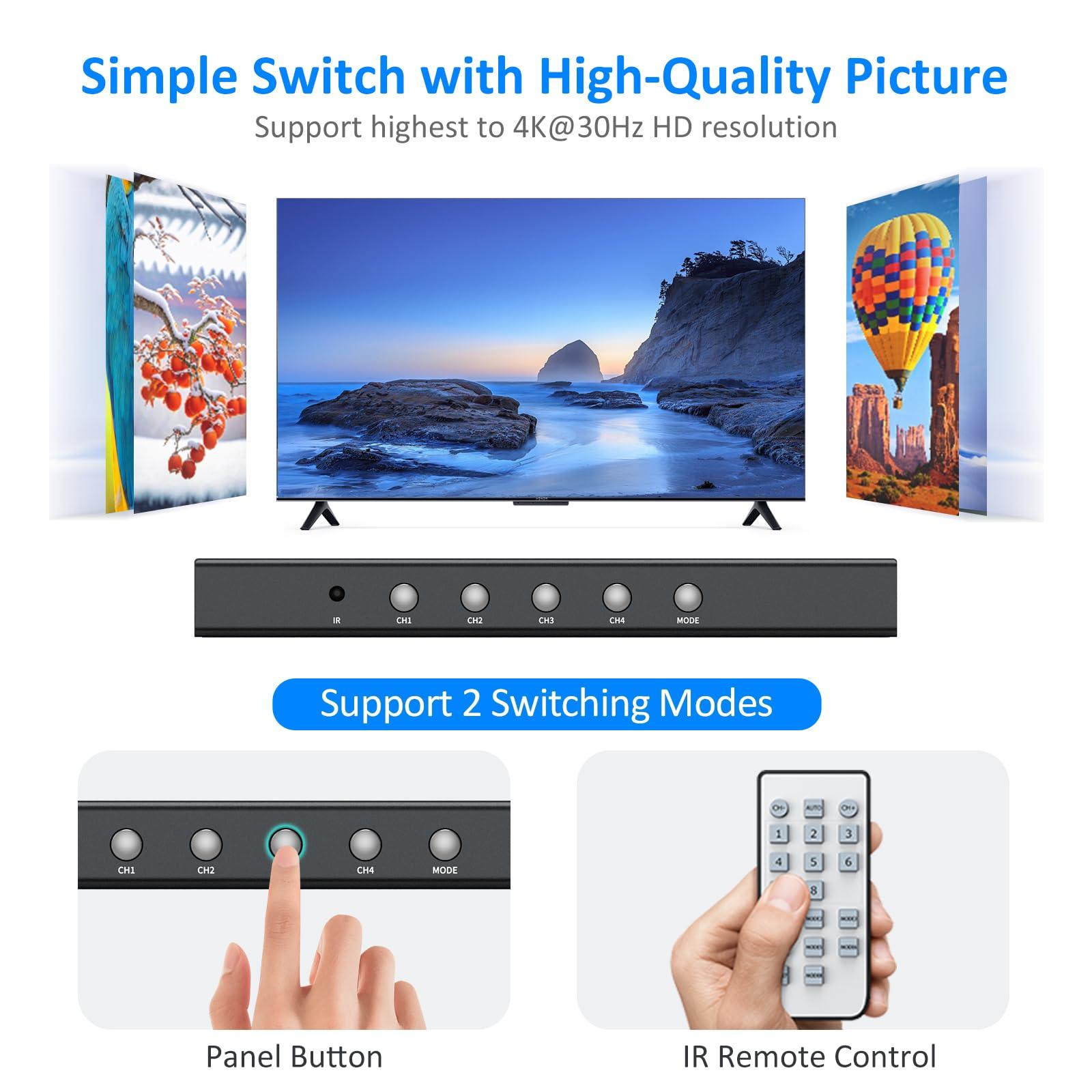 Yinker 4K HDMI Multiviewer 4x1, Yinker 4K@30Hz Seamless HDMI Quad Switcher 4 in 1 Out for Security Camera, Gaming Consoles, Single/Quad/Dual/PBP Modes with IR Remote