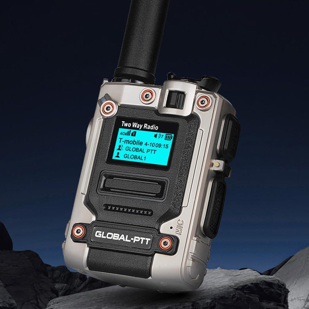 XMANA Pack of 2 Global Walkie Talkie with Sim Cards - One Button Instant Group Communication Over The Nationwide Cellular Network - Two Way Unlimted Range PoC Radios with Flashlight (Silver)