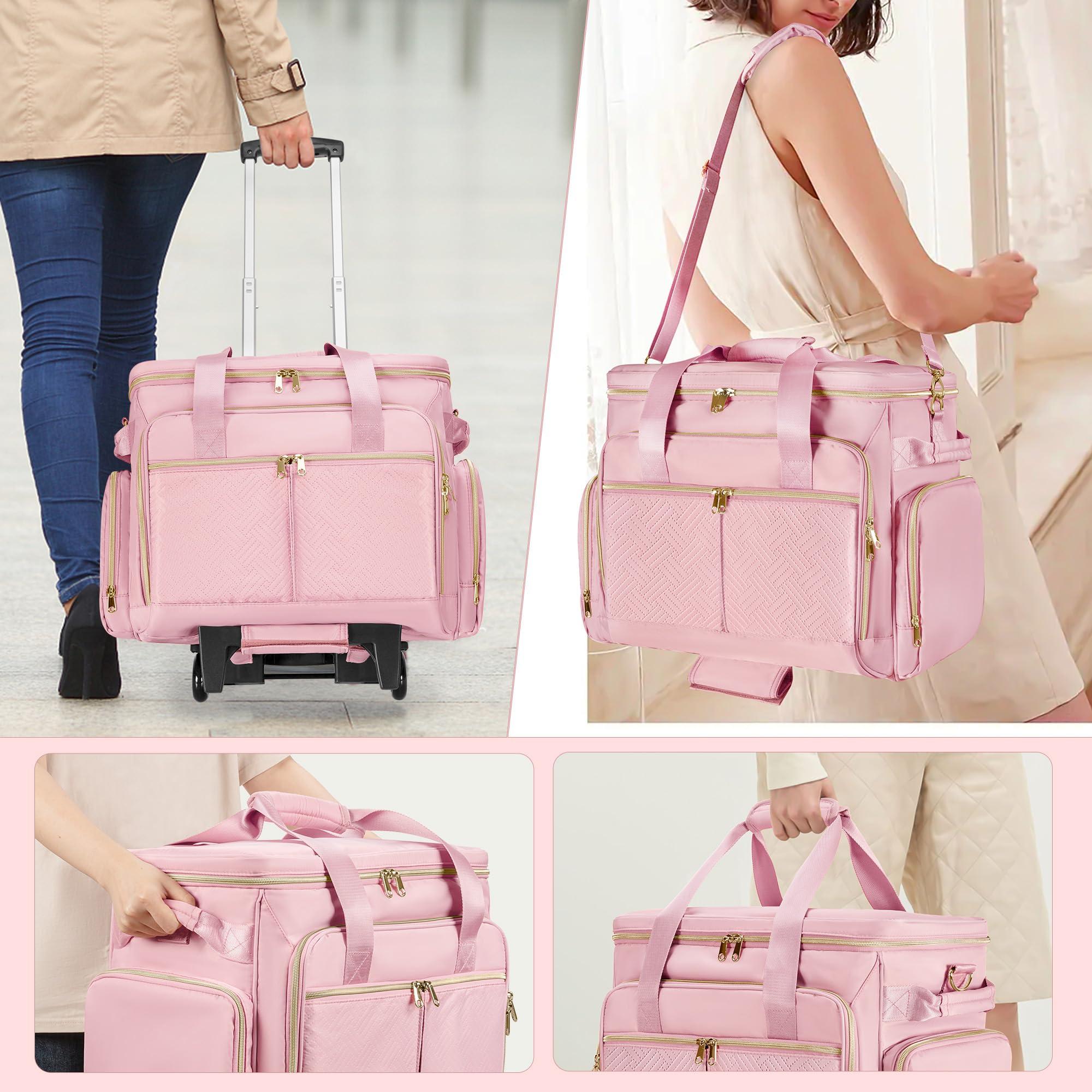 Prokva Prokva Rolling Teacher Bag with Wheels, Teacher Tote Bag with Detachable Trolley, Fits for 15.6" Laptop, Pink (Patent Design)