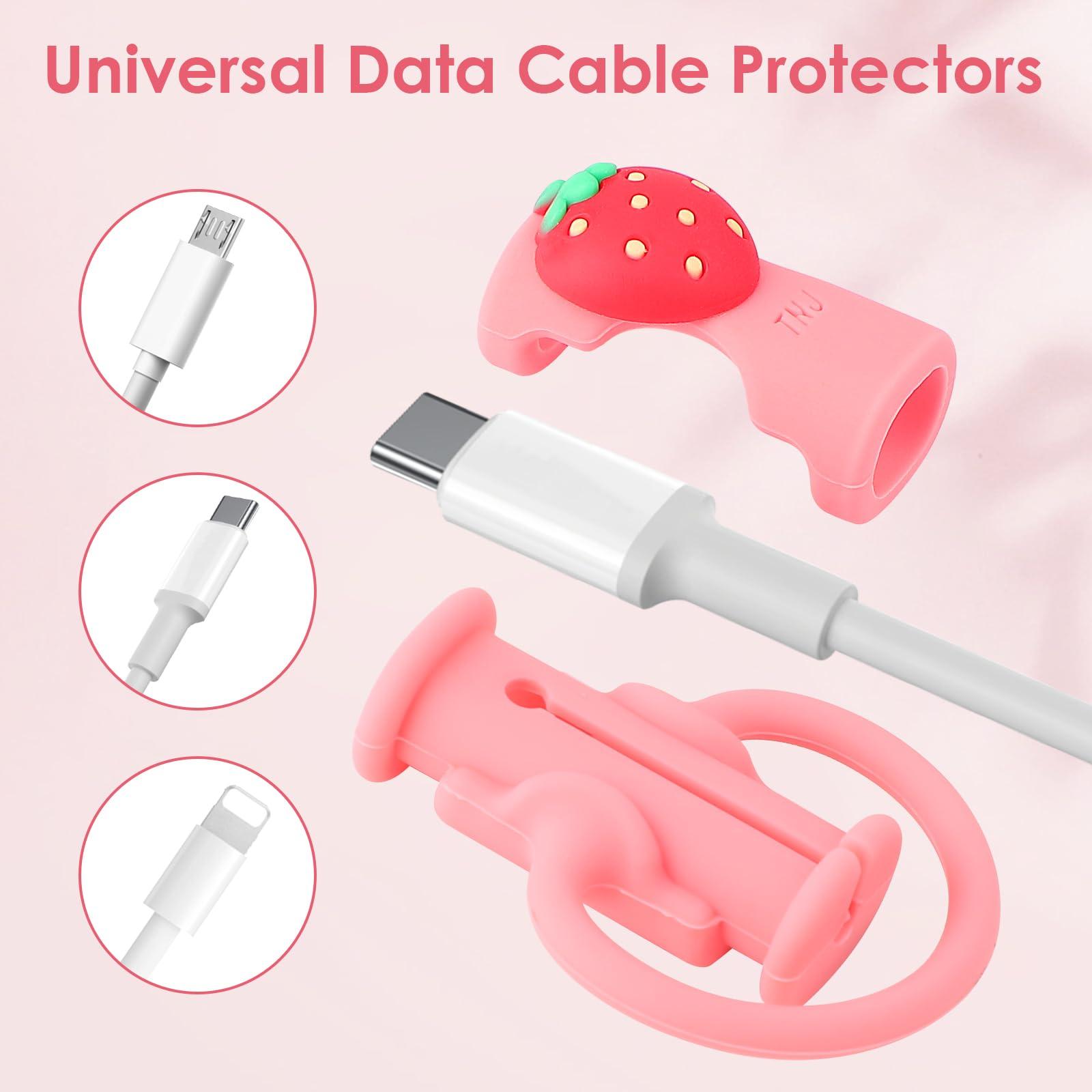 SAISN Cable Protector for iPhone Charger, SAISN Silicone Charger Cord Protector Cute Strawberry Wire Protector 2 in 1 Flexible Cable Protectors for Cords Anti-Break Charging Cable Cord Saver Winder