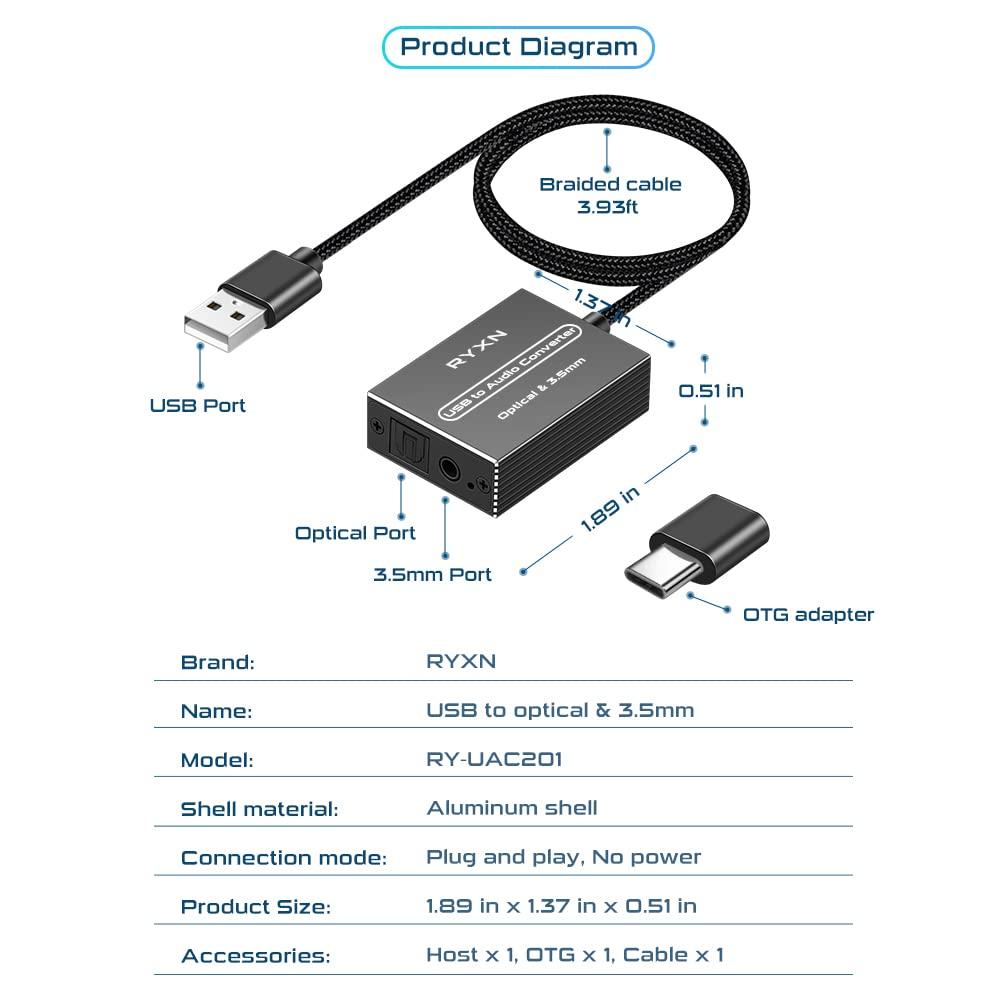 RYXN RYXN USB to Optical Spdif Toslink & 3.5mm Audio Adapter Converter, Support USB-A & USB-C Type-C Port, for PS5 PS4 NS Laptop Phone to Sound bar Speakers