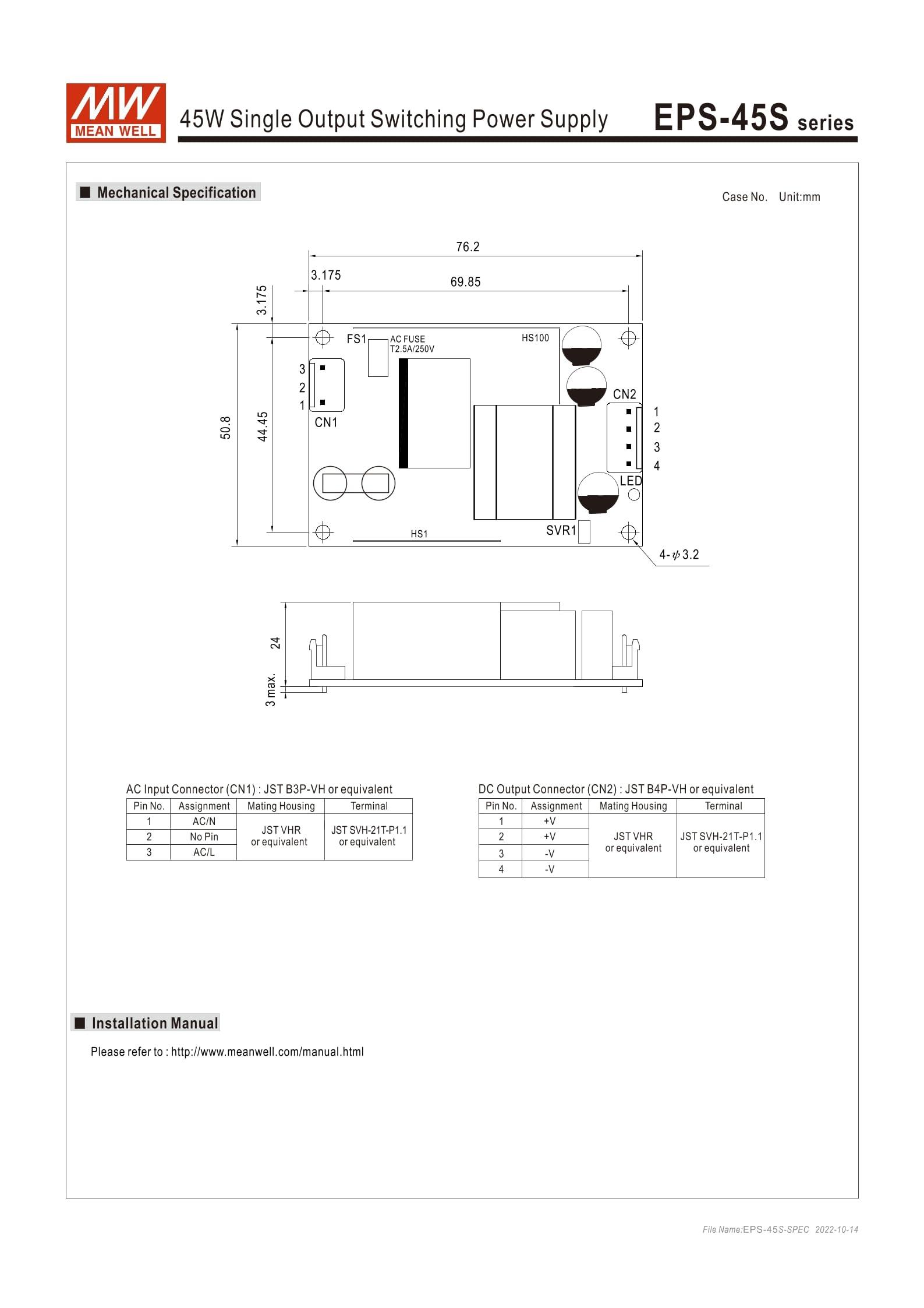 MEAN MELL Mean Well EPS-45S-24 45.6W Single Output Switching Power Supply EPS-45S 24V 1.9A