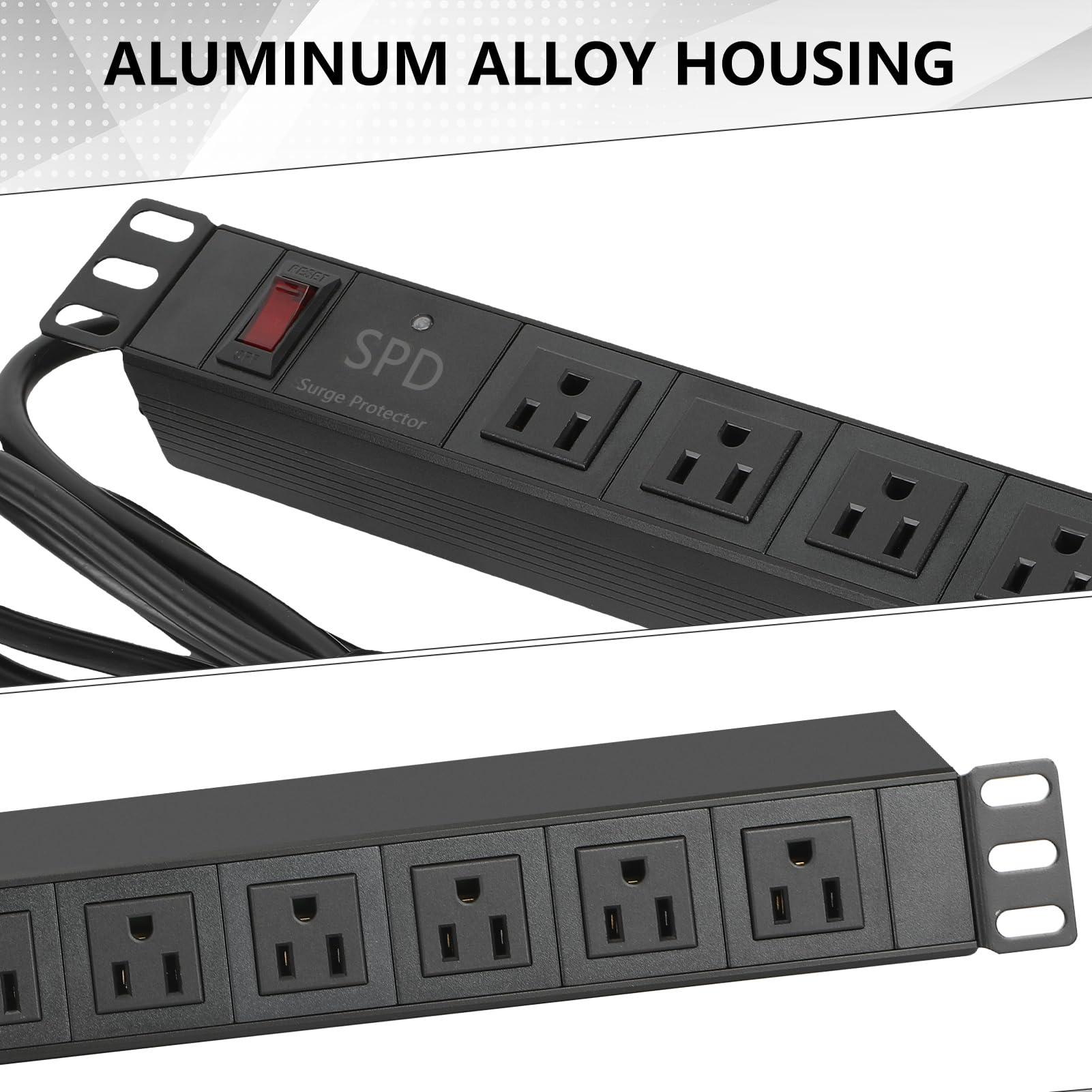 ElecVoztile ElecVoztile 8 Outlet Rack Mount PDU Power Strips with SPD Surge Protection-1200J, 10ft 14AWG Cord, 15A Overload Switch, 1U RackMount, Fits 19'' Network Server Rack, Front Facing Plug