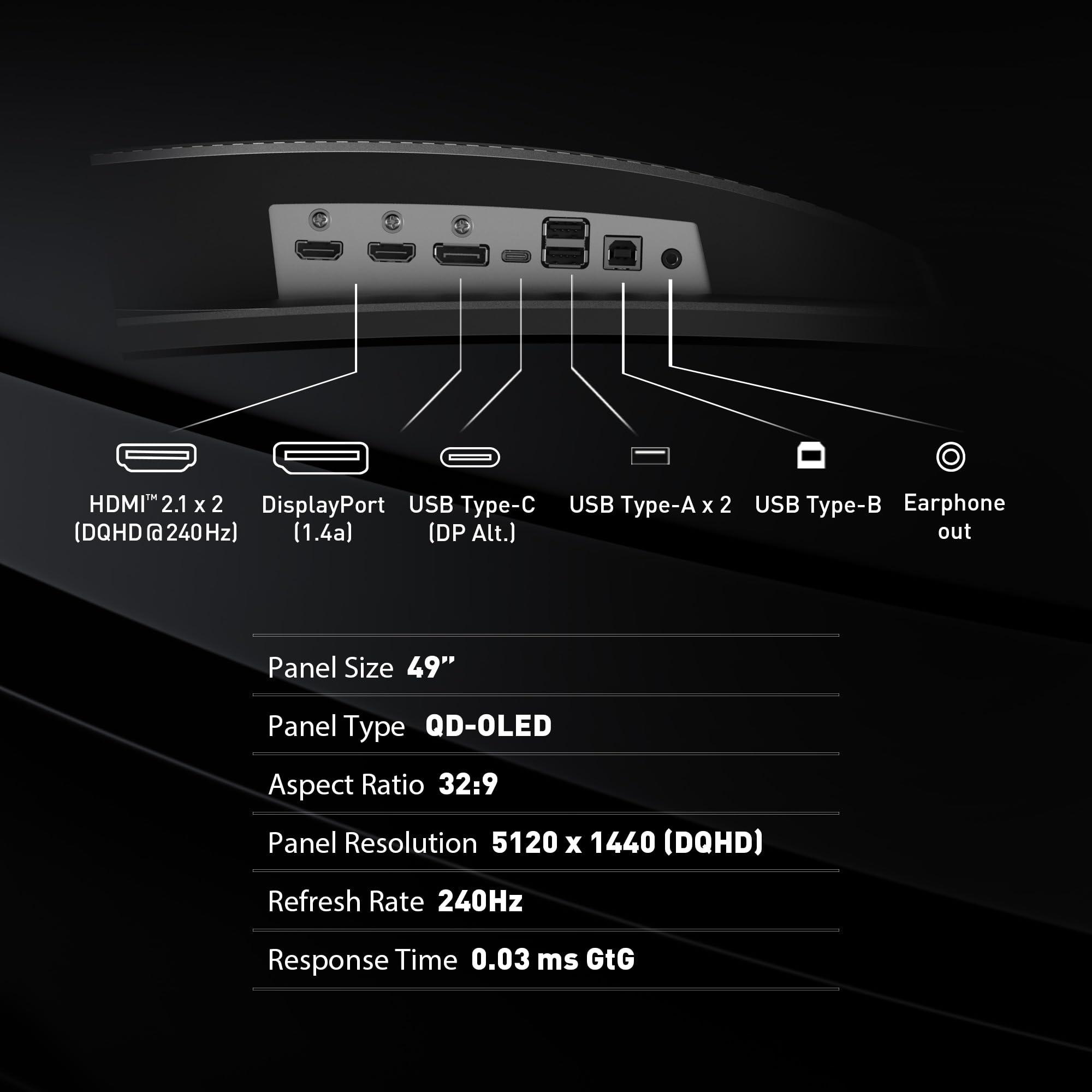 MSI MSI MPG 491CQPX QD-OLED 49-inch QD-OLED 5120 x 1440 (DQHD) Computer Monitor, 240Hz, Adaptive-Synch, HDMI, Display Port, VGA Port, VESA Mountable, Tilt, Height Adjustable, Speaker, 0.03ms, Black