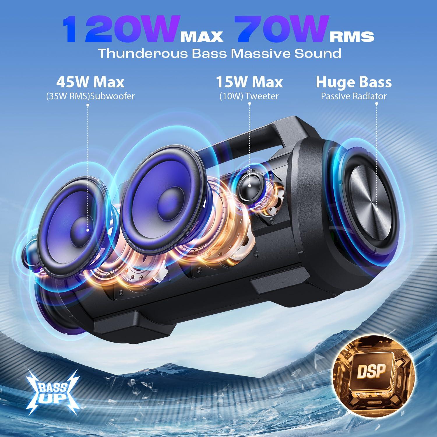 W-KING W-KING Portable Speakers Bluetooth Wireless, 120W Max Loudest Bluetooth Speaker, IPX6 Waterproof Outdoor Speaker with 70W Deep Bass/2*Subwoofer/DSP/EQ/42H/LED/MAC-in/Power Bank, Large Party Boombox