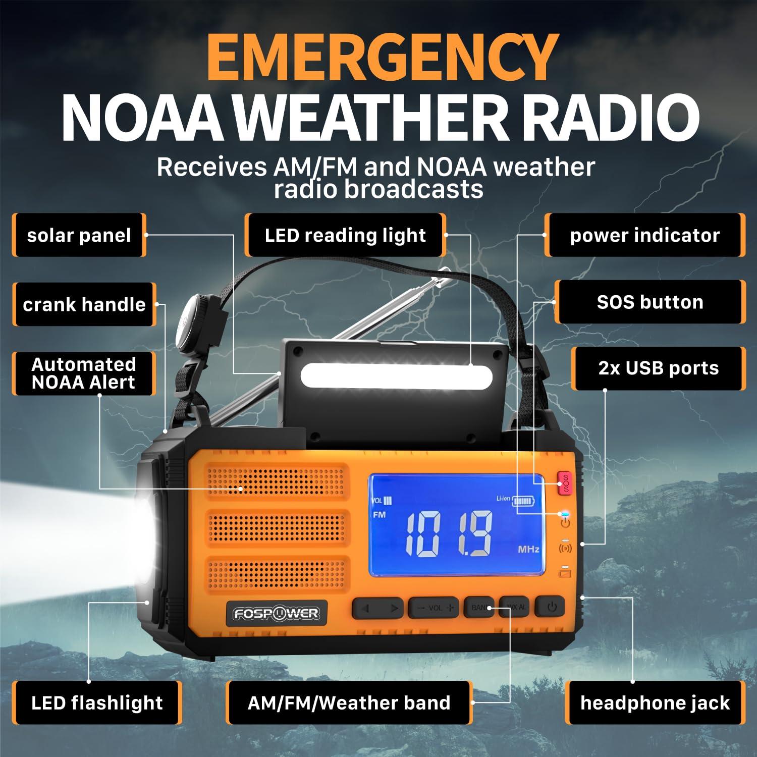 FosPower FosPower Emergency Weather Radio (Model D8) NOAA/AM/FM with 37000mWh Portable Power Bank, USB/Solar/Hand Crank Charging, SOS Alarm & Flashlight for Indoor/Outdoor Emergency