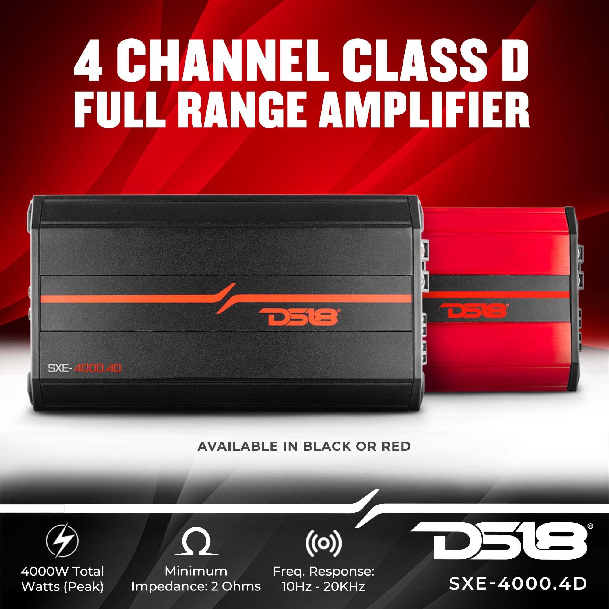 DS18 DS18 SXE-4000.4D/BK Car Amplifier Stereo Full-Range Class D 4-Channel 275x4 RMS @4 OHM 4000 Watts - Powerful and Compact Amp for Speakers in Car Audio System