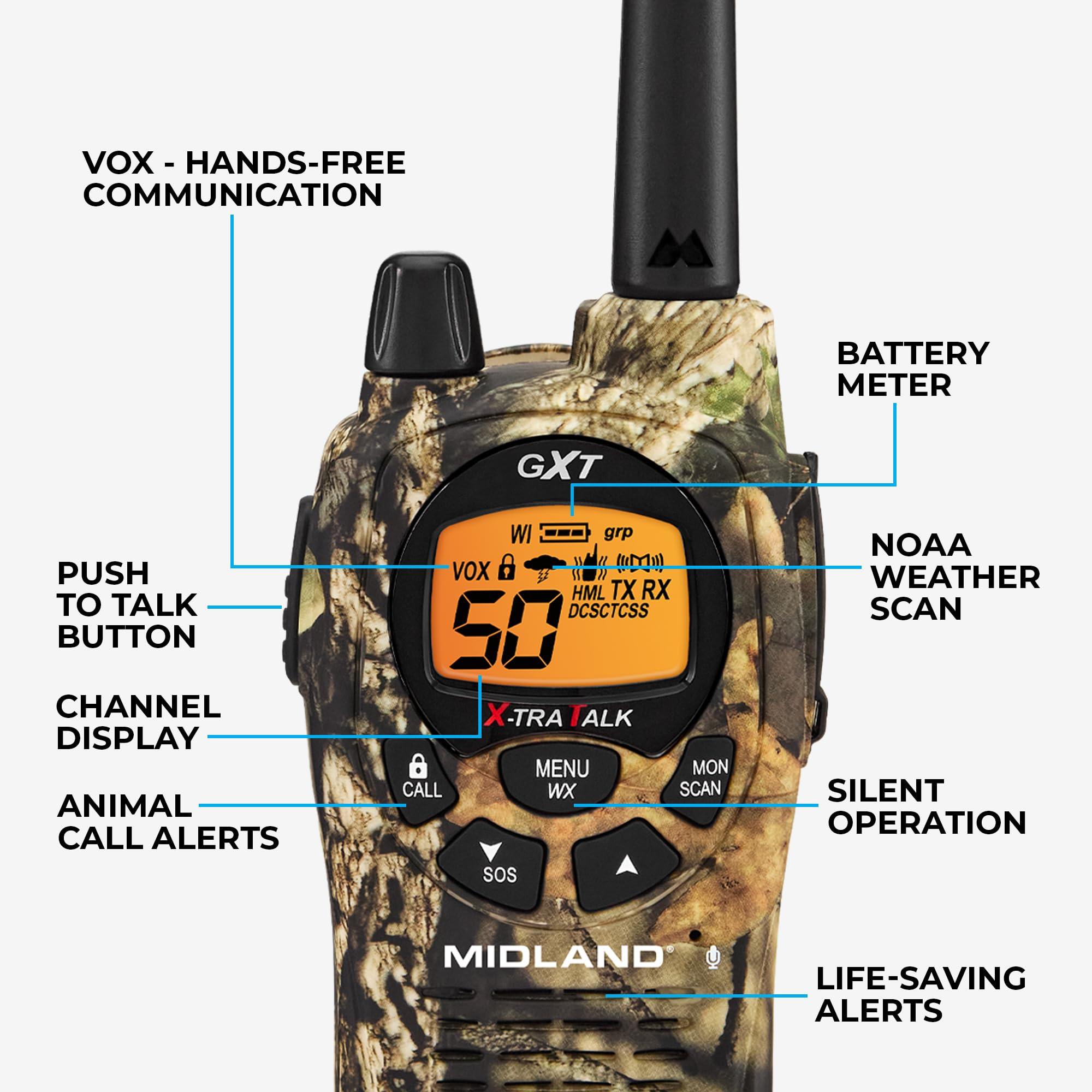 Midland Midland GXT1050VP4 GMRS Two-Way Radio (50-Channel, Long Range, 142 Privacy Codes, SOS, NOAA, Rechargeable Nickle Battery, Mossy Oak Camo, 2-Pack)