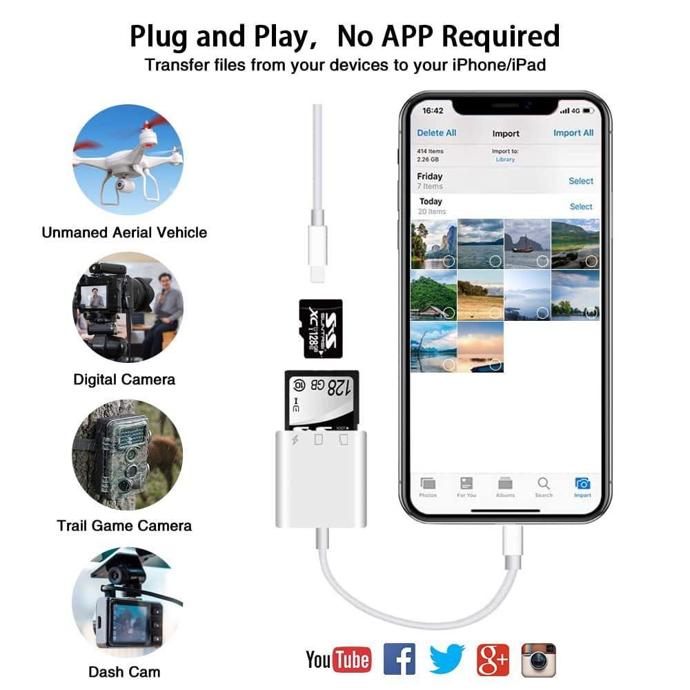SUNTRSI SD Card Reader for iPhone iPad,Micro SD Card Reader Memory Card Reader Plug and Play Trail Camera SD Card Adapter,Simultaneous Charging and Reading