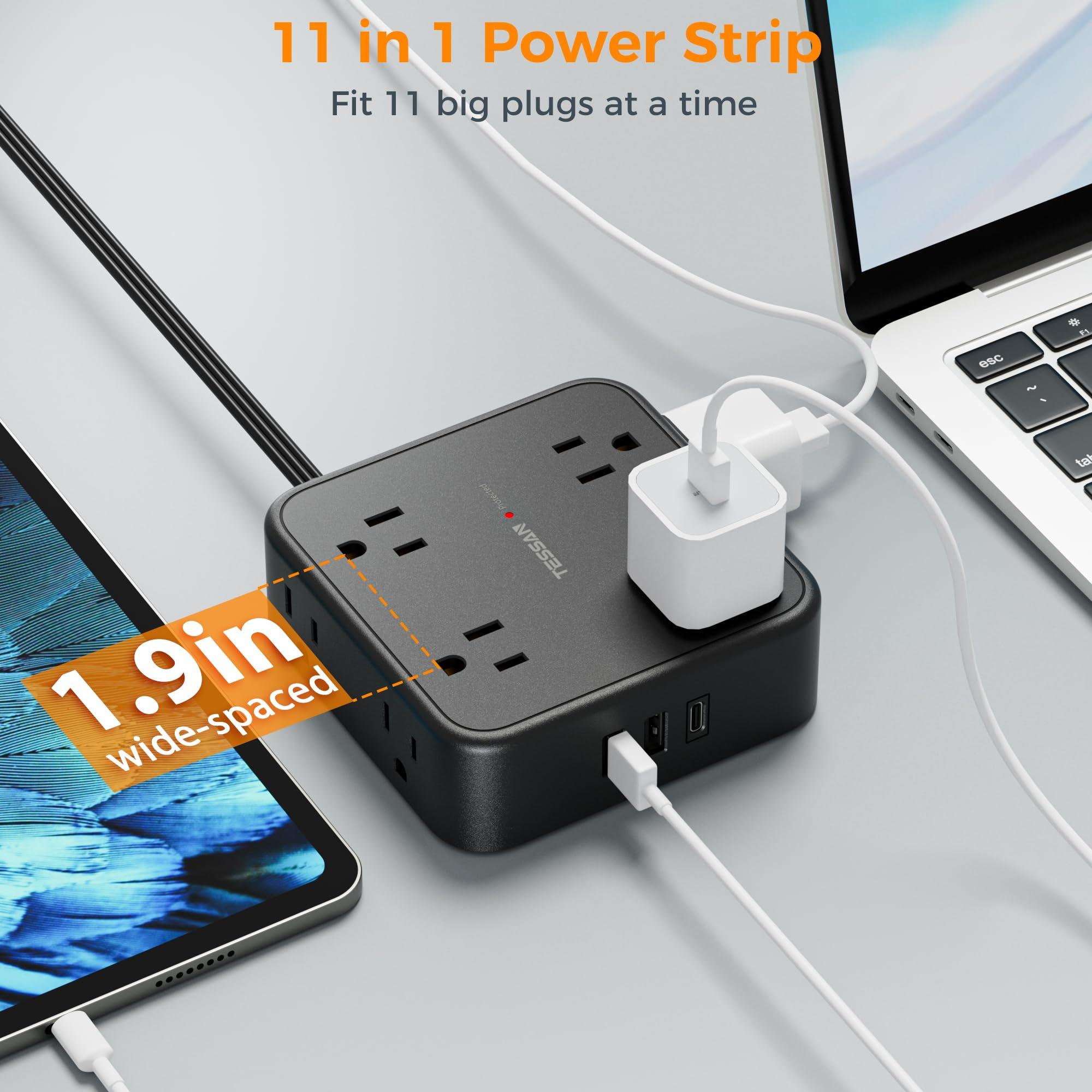 TESSAN Long Extension Cord 25 FT, TESSAN Ultra Thin Flat Plug Power Strip Surge Protector with 8 AC Outlets, 3 USB Charger(1 USB C), 900J Protection Black Charging Station for Home, Office, Dorm Essentials