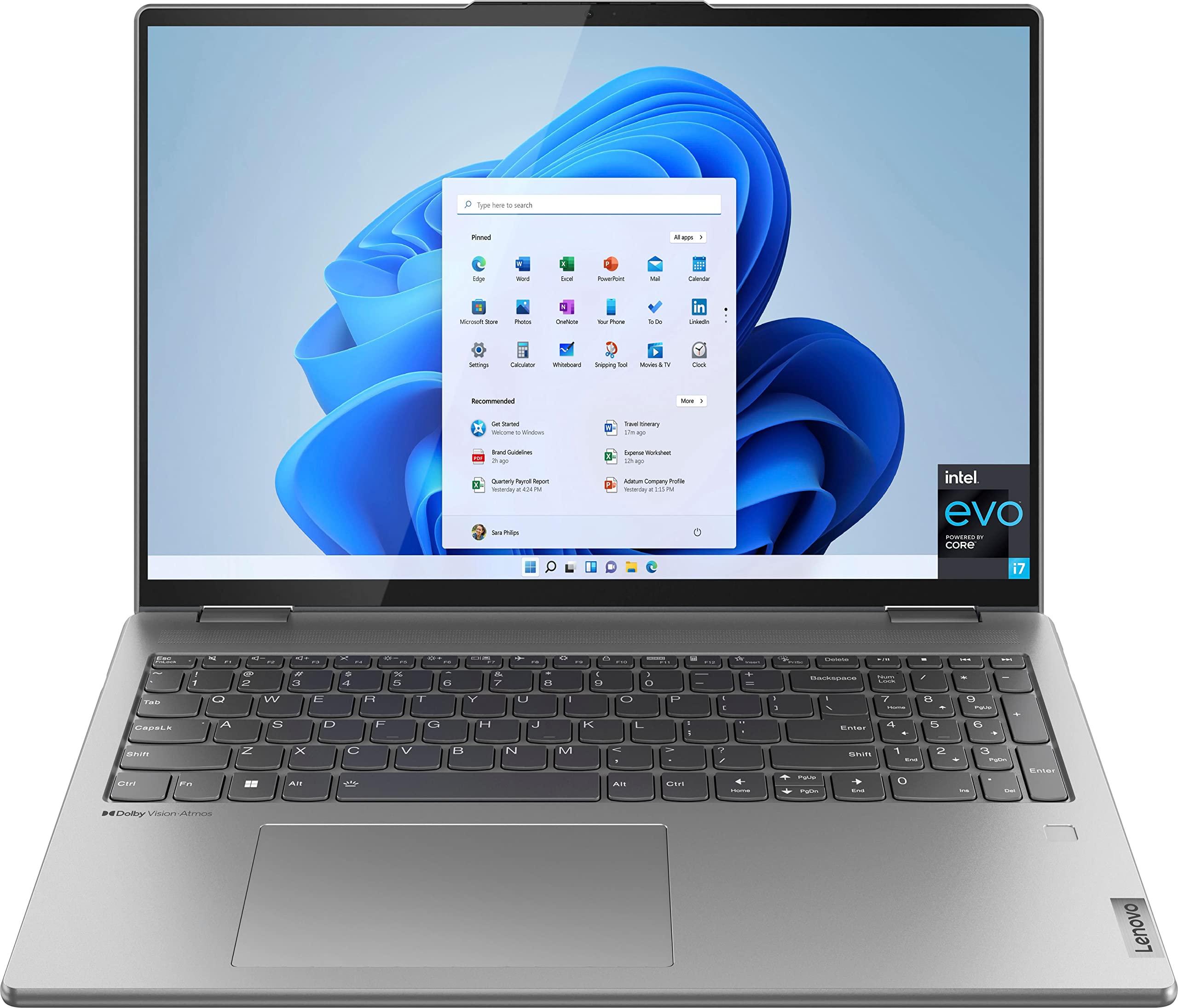 Lenovo Lenovo ENOVO Yoga 7i 2-in-1 Laptop 16'' 2.5K Touchscreen12th Core i7-1260P Iris Xe Graphics 16GB RAM 512GB SSD WI-FI 6E Thunderbolt 4 Backlit KB w/ FP Windows 11 RATZK 32GB USB, Arctic Grey, (82QG)