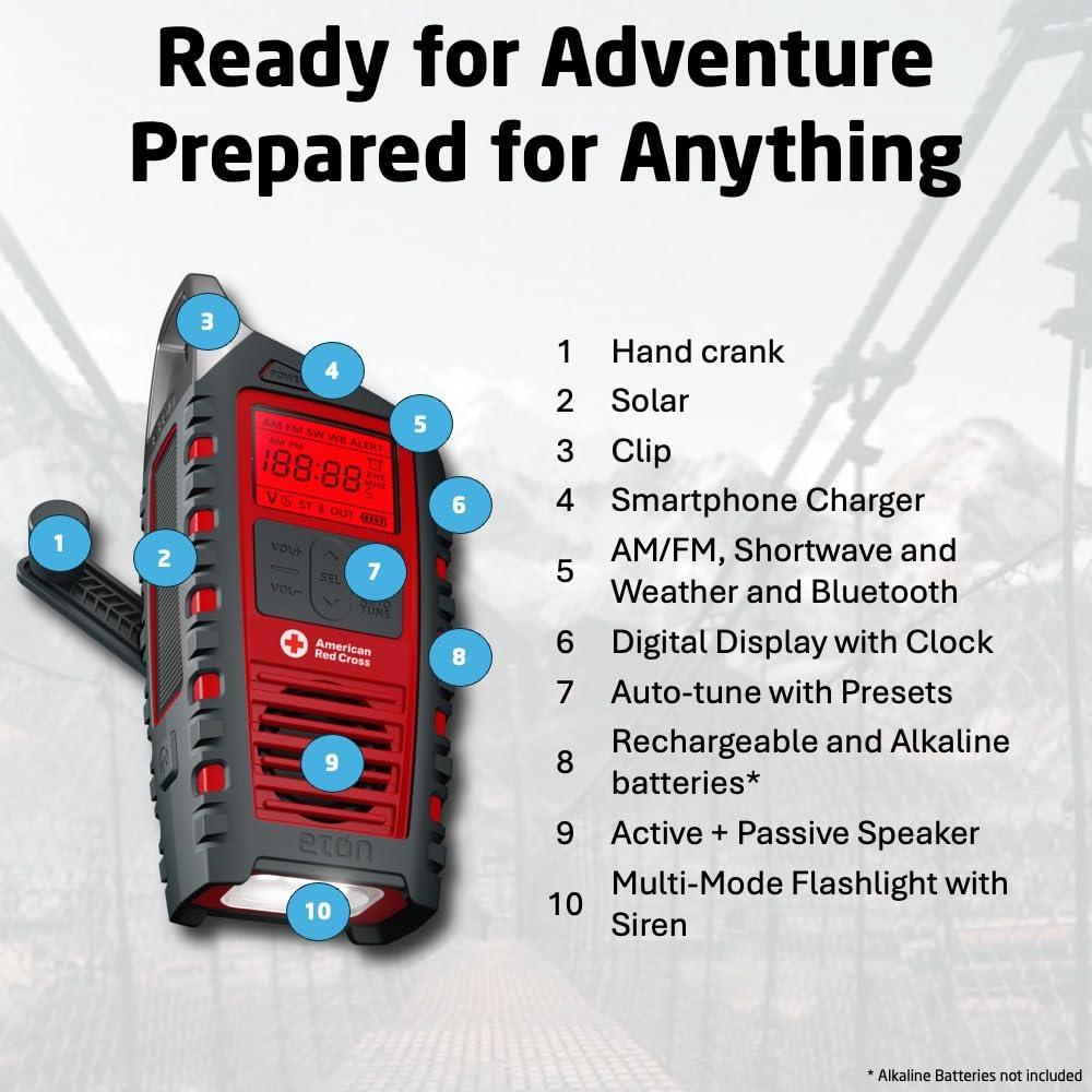 Eton Eton Odyssey Hand Crank Emergency Radio, NOAA Weather Radio, AM/FM Shortwave Radio, Flashlight, Phone Charger, Solar Charger, Bluetooth Speaker, Officially Licensed American Red Cross Radio