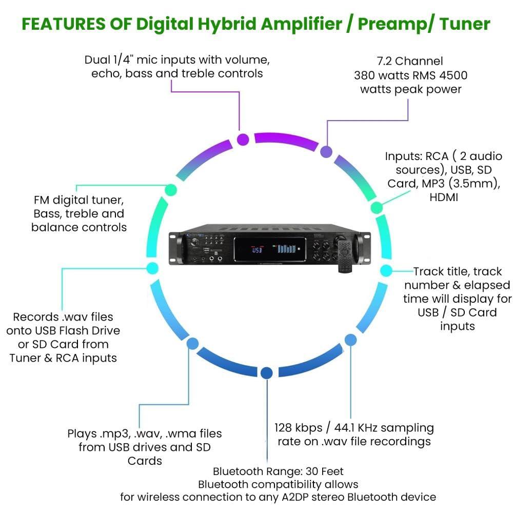 Vaiyer Vaiyer Home Stereo System Kit - 7.2 Channel 4500 Watts Bluetooth Amplifier with 8 Qty of 6.5" Ceiling Speakers 200W Each, Mic, 16 AWG 500 ft. Speaker Wire & Remote for Home, Bar, Office, Restaurant