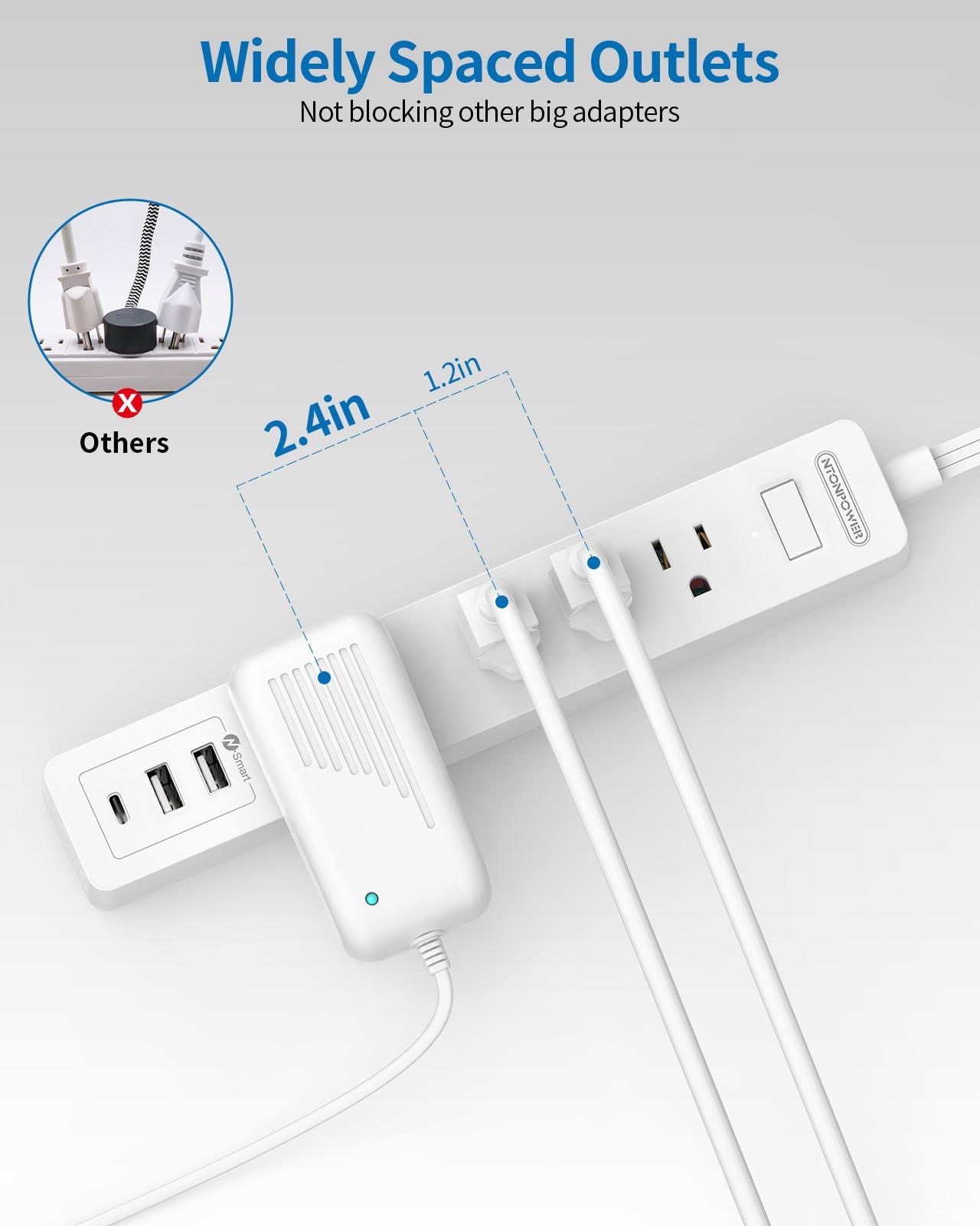 NTONPOWER Flat Extension Cord 15 ft, NTONPOWER Ultra Thin Flat Extension Cord Under Carpet, Rug, Door, Wall Mount Power Strip Flat Plug with 4 Outlets 2 USB, Overload Protection for Home Office Indoor, White