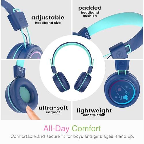 MEE audio MEE audio KidJamz KJ55BT Personalized Bluetooth Wireless Safe Listening Headphones for Kids w/Custom LED-Backlit Design, Volume Limiter, Microphone; Kids Headset for School/iPhone/iPad/Tablet (Blue)