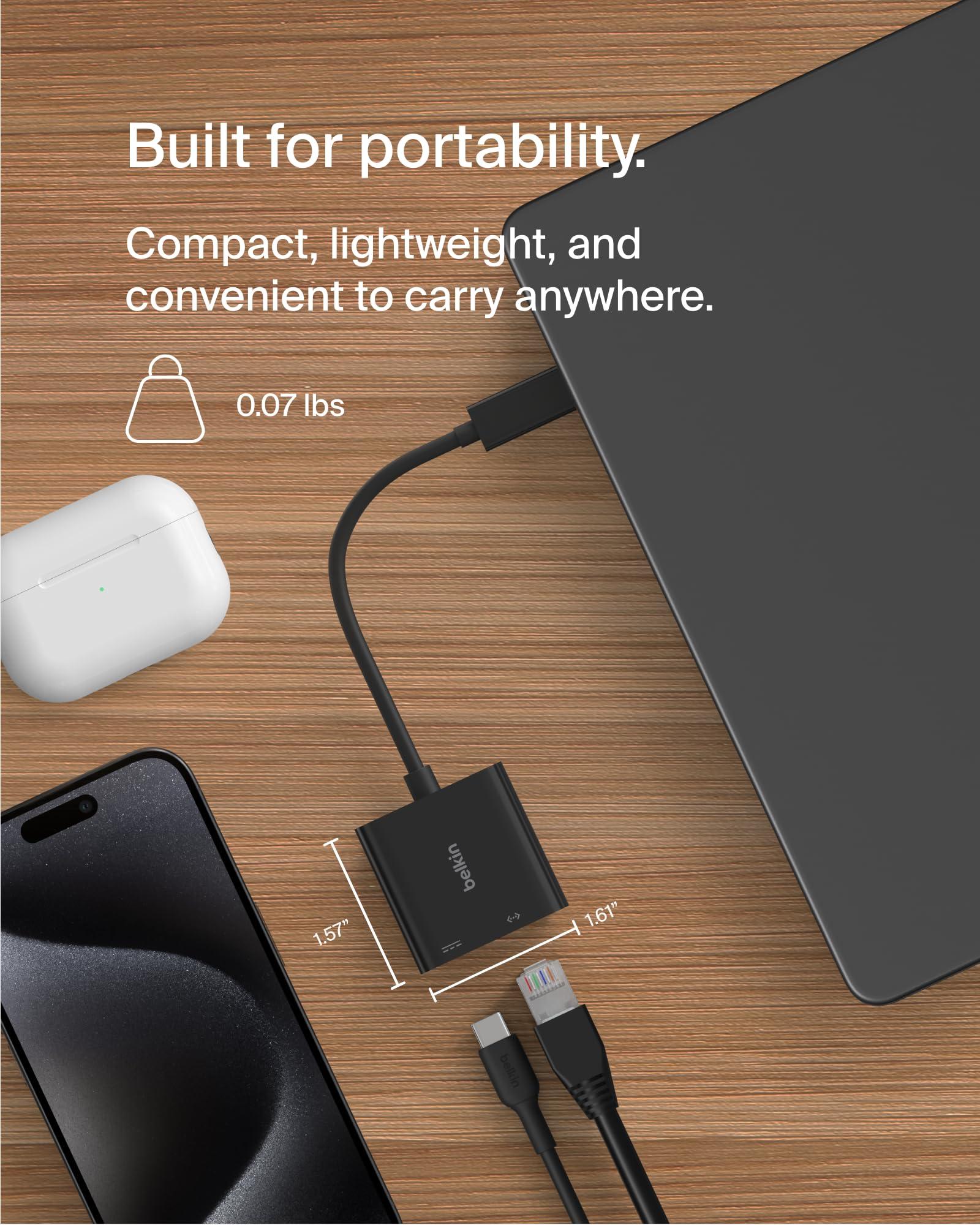 Belkin Belkin Connect USB-C to Ethernet + Charge Adapter 100W w/Gigabit Ethernet Port and USB-C Port - 10/100/1000 Mbps for Fast Internet Connection - Compatible with iPhone 16, Samsung Galaxy S25, & More
