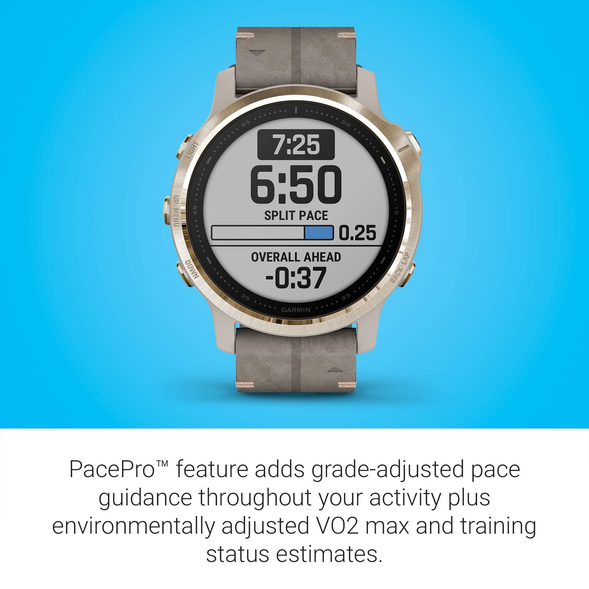 Garmin Garmin Fenix 6S Sapphire, Premium Multisport GPS Watch, Smaller-Sized, features Mapping, Music, Grade-Adjusted Pace Guidance and Pulse Ox Sensors, Light Gold with Gray Leather Band (Renewed)