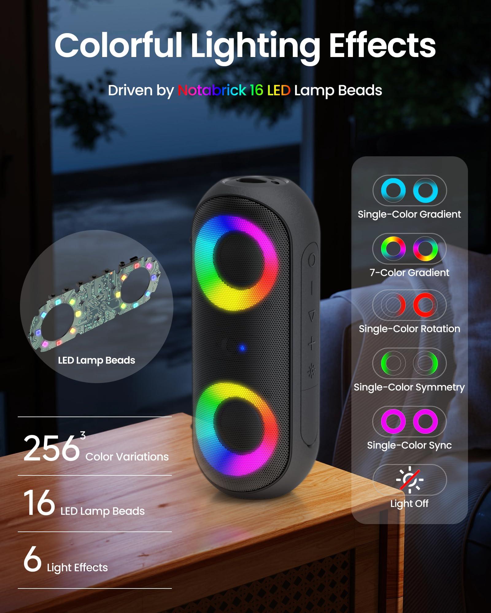 NOTABRICK Bluetooth Speakers with Light, 30W Portable Bluetooth Wireless(100FT Range) Loud Stereo Sound, IPX7 Waterproof Shower Speakers, RGB Multi-Colors Rhythm Lights, 1000mins Playtime for Indoor&Outdoor