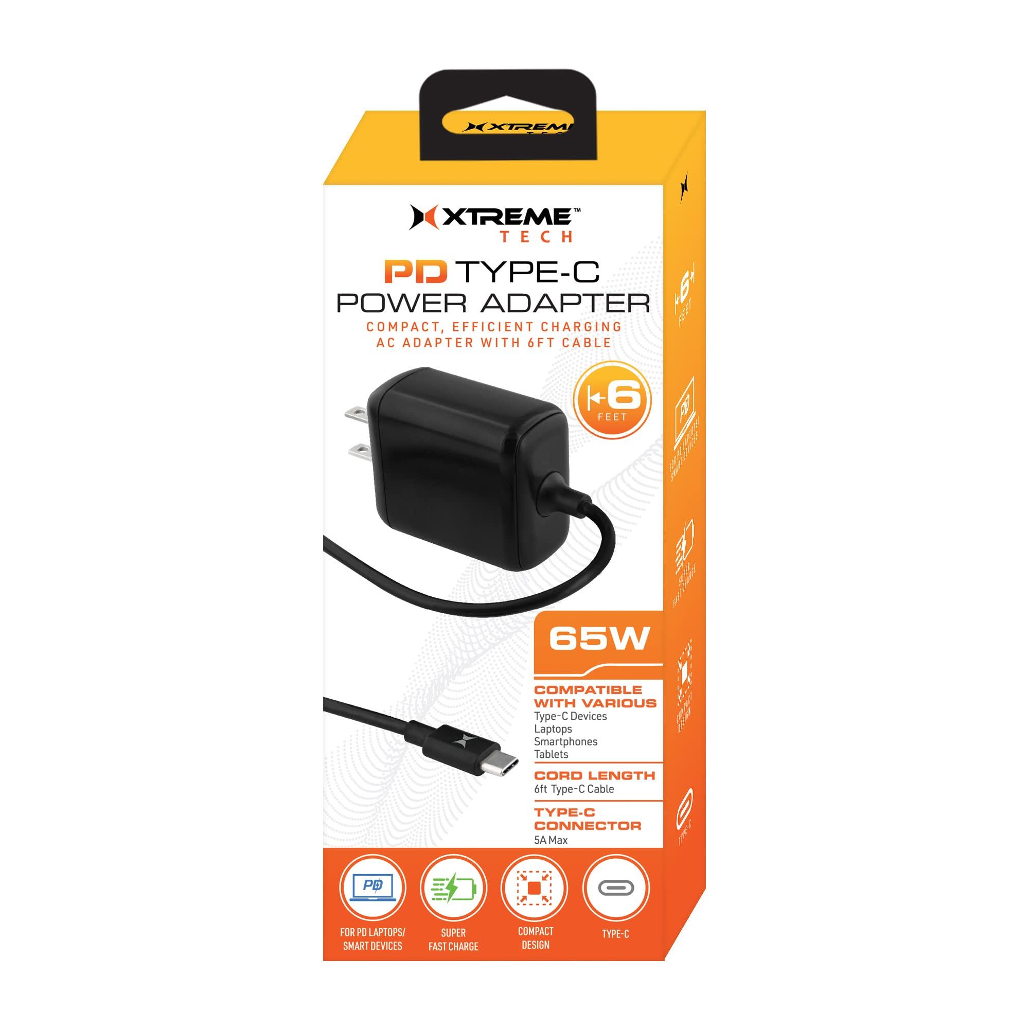 XTREME DIGITAL LIFESTYLE ACCESSORIES Xtreme 65W Type-C PD Power Adapter with 6ft Cable, Ideal for Charing Compatible Smartphones, Tablets, Laptops and Other Items, Works with Any Standard Wall Socket/Power Strip