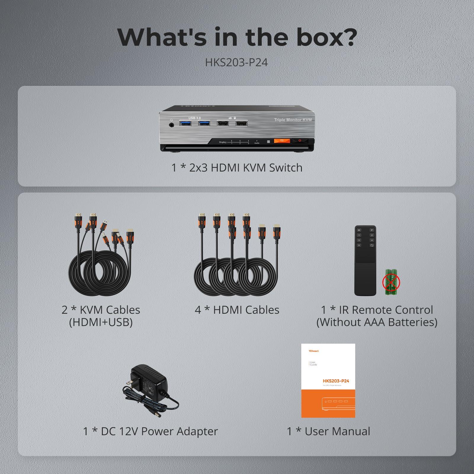 TESmart TESmart HDMI KVM Switch 3 Monitors 2 Computers 4K@60Hz, USB 3.0 KVM Switch Triple Monitor 2 Ports HDMI, Support EDID, 1G Ethernet, Hotkey Switch, Audio&Microphone for Gaming & Home Office