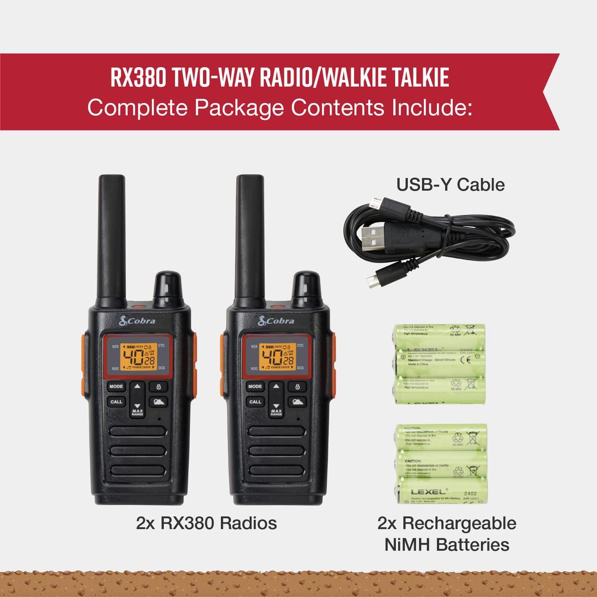 Cobra Cobra RX380 Walkie Talkies (2-Pack) Weather Resistant Two Way Radios Long Range, 40 Pre-Programmed Channels, Weather Alerts, LED Flashlight, Long-Life NiMH Batteries (Black)