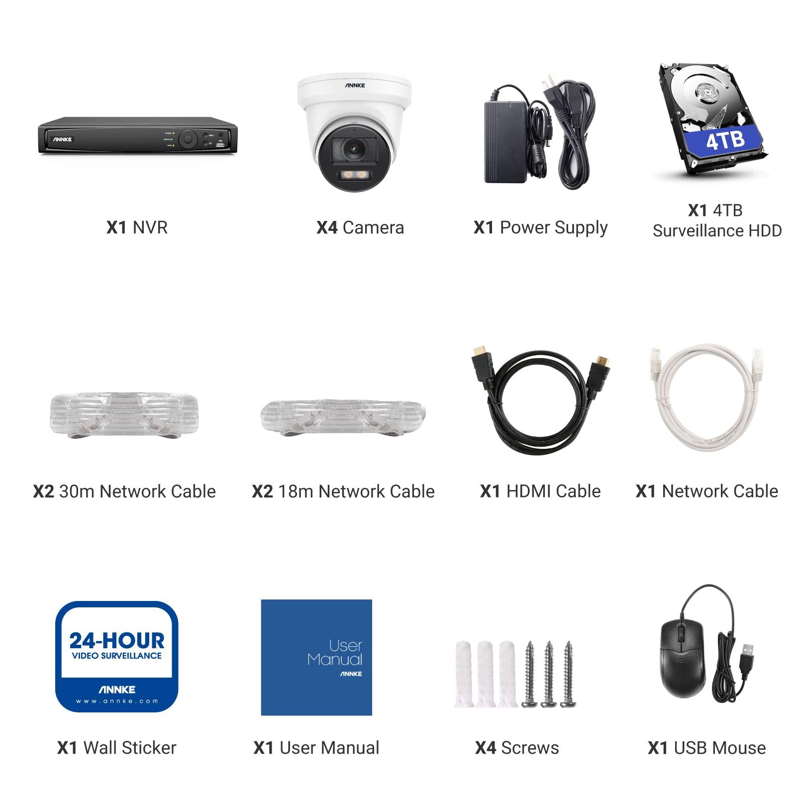 ANNKE ANNKE NCK800 4K Security Camera System with 8MP Full Color Night Vision, 4pcs H.265+ PoE Wired Turret 4K Cameras with AI Human Detection, 8CH NVR Recorder with 4TB HDD for 24/7 Video Recording