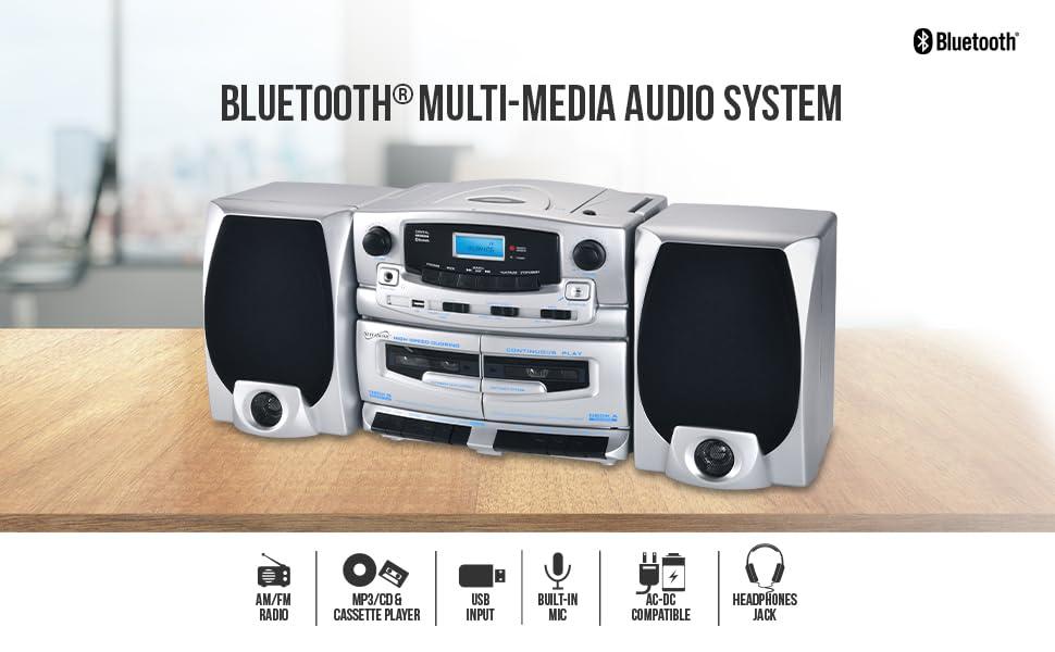 Supersonic Supersonic SC-2121BT Bluetooth Entertainment Audio System, Bluetooth 5.0, op Loading MP3/CD Player, AM/FM Radio, USB Input, Double Cassette Recorder, High-Performance Detachable Speakers, AC/DC