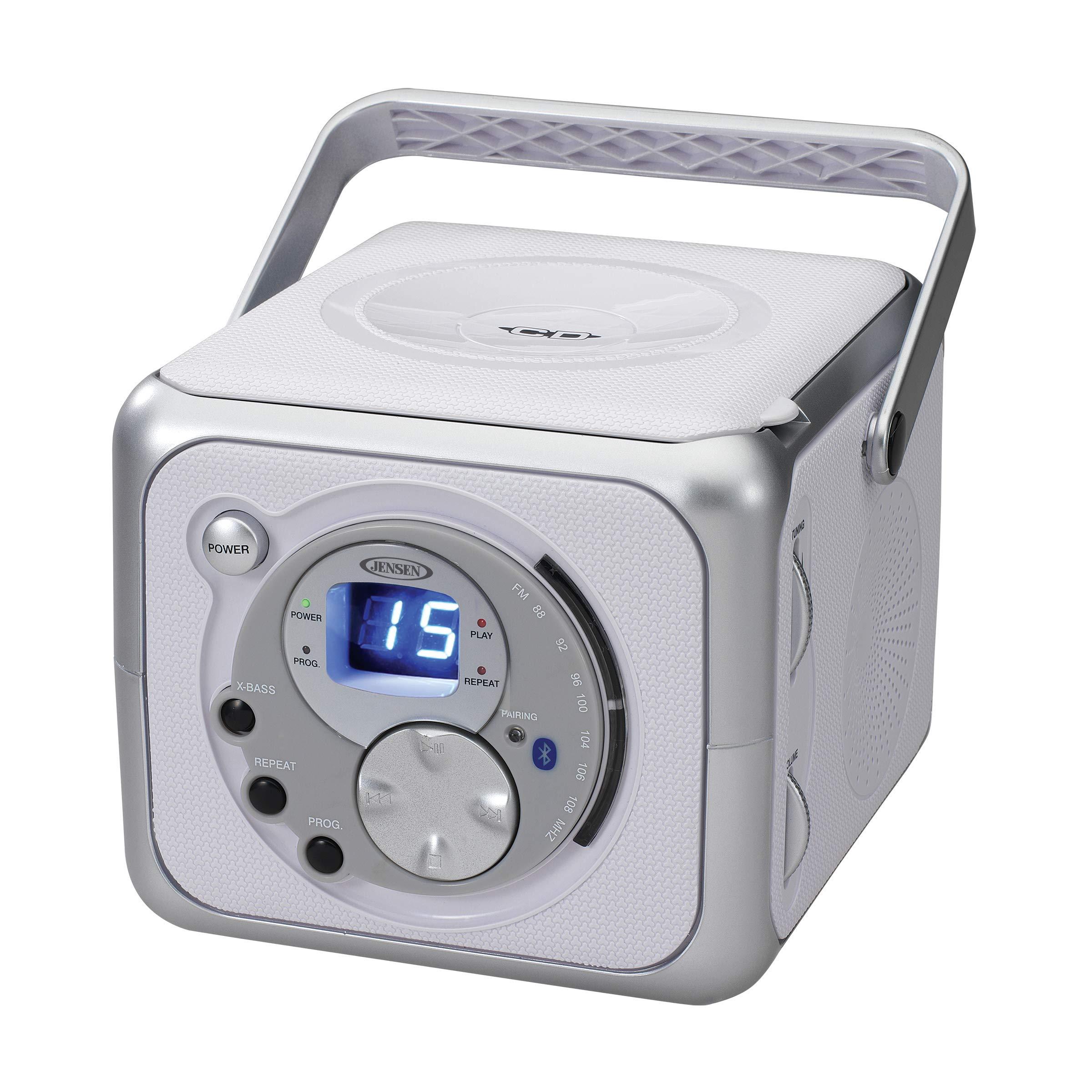 Jensen Jensen CD-555 White/Silver CD Bluetooth Boombox Portable Bluetooth Music System with CD Player +CD-R/RW & FM Radio with Aux-in & Headphone Jack Line-In