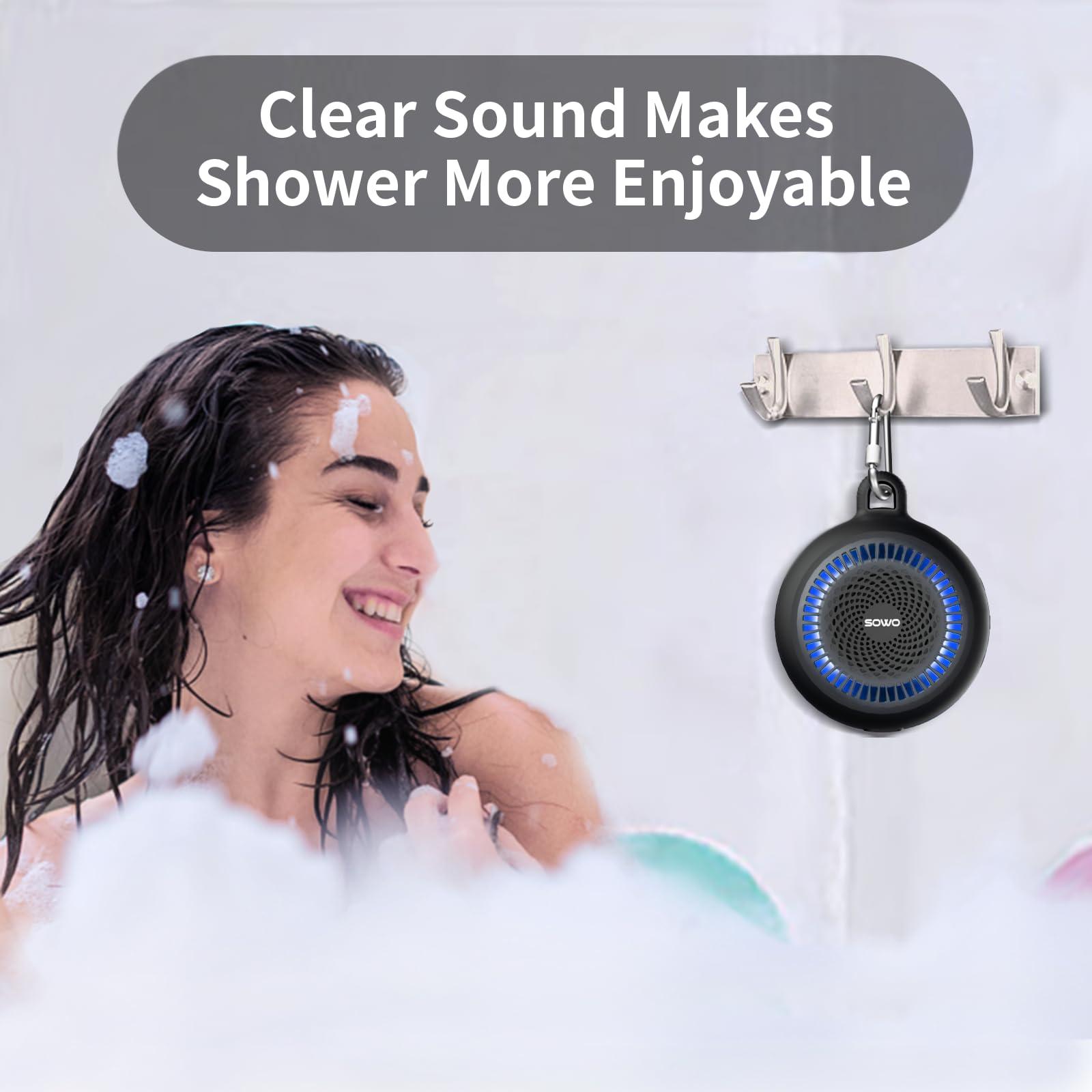 SOWO Bluetooth Shower Speaker Waterproof | Small Portable Bluetooth Speaker Wireless with Clip | Powerful Bass and Louder Volume | Colorful Lights and Lightweight | with TWS Pairing | Black