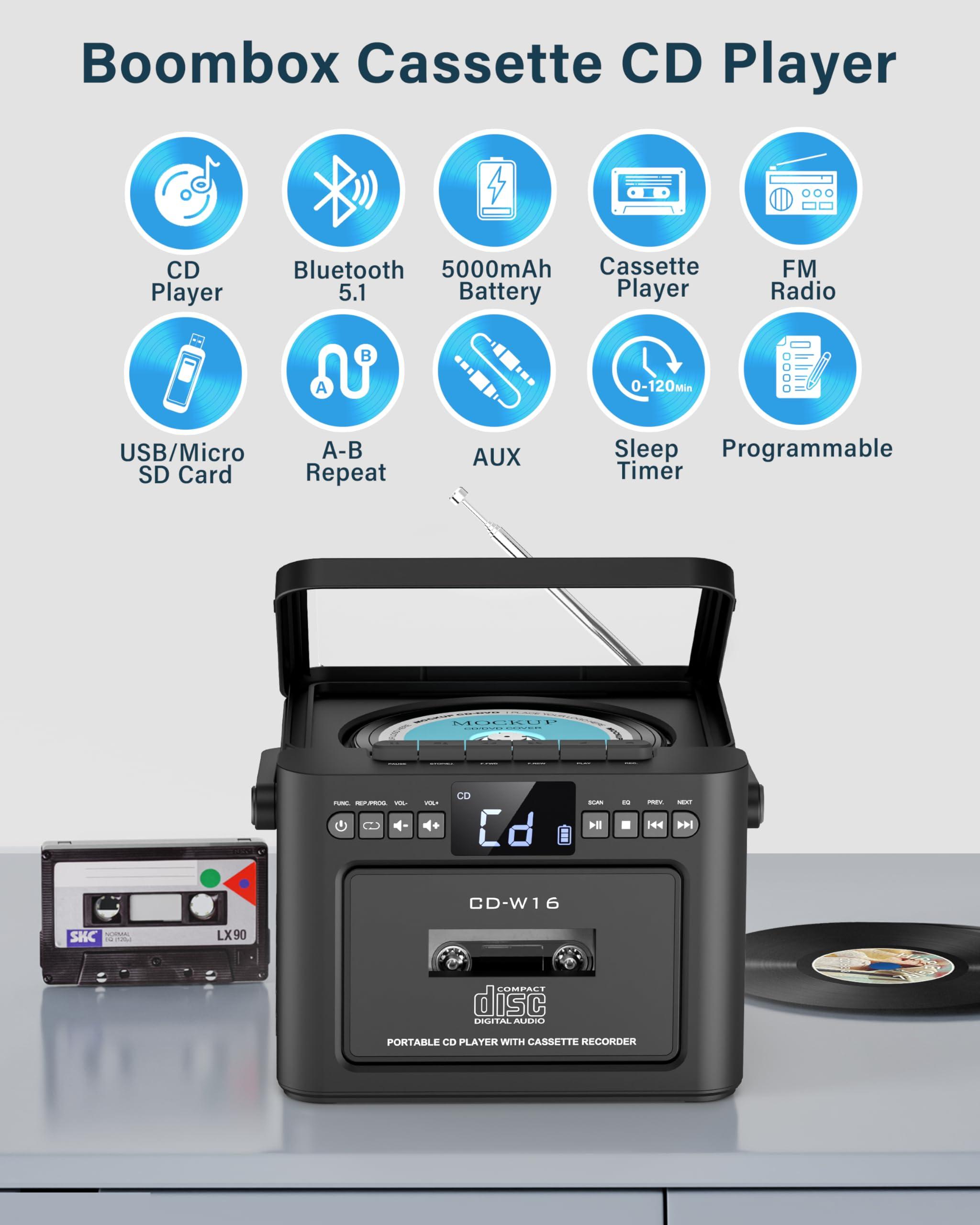 Greadio Greadio Boombox CD and Cassette Player Combo, 5000mAh Rechargable CD Player Boombox with Bluetooth Receive/Transmit/FM Radio/USB/TF/AUX/Remote Control, Boom Box CD Cassette Player for Home Outdoor