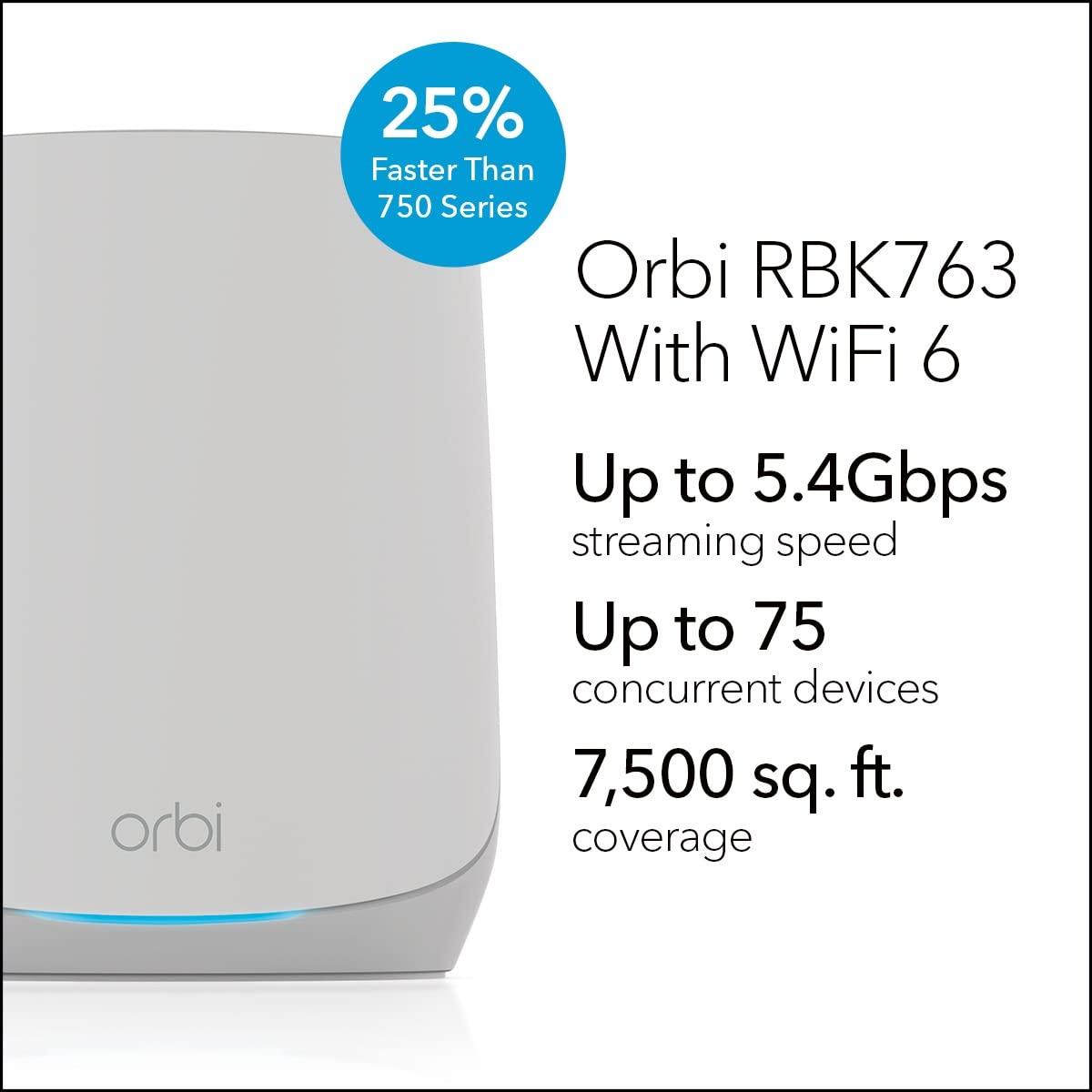 OLKIEQZ Netgear Orbi RBK763-100NAR AX5400 Tri-band WiFi 6 Mesh System, 5.4Gbps, Router and 2 Satellites (Renewed)