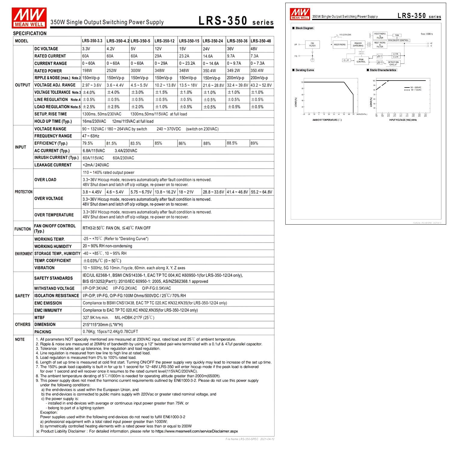MEAN WELL LRS-350-5 350W Single Output Switching Power Supply 5V 60A, 90-132VAC/180-264VAC Input, Industrial Grade, UL Certified, for Automation Machinery