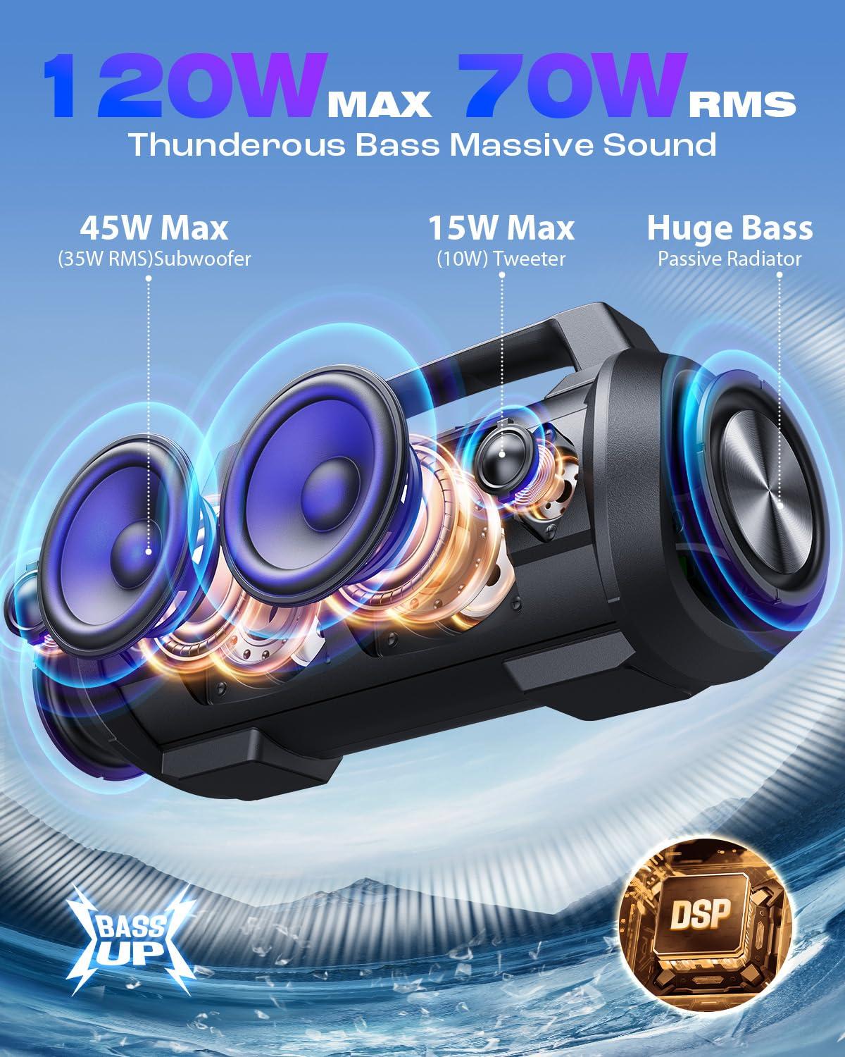 W-KING W-KING Portable Speakers Bluetooth Wireless, 120W Peak 70W Loud Bluetooth Speaker Waterproof Outdoor, Deep Bass/2* Subwoofer/DSP/EQ/42H Playtime/IPX6/RGB Lights/MAC-in/Power Bank, Large Party Boombox