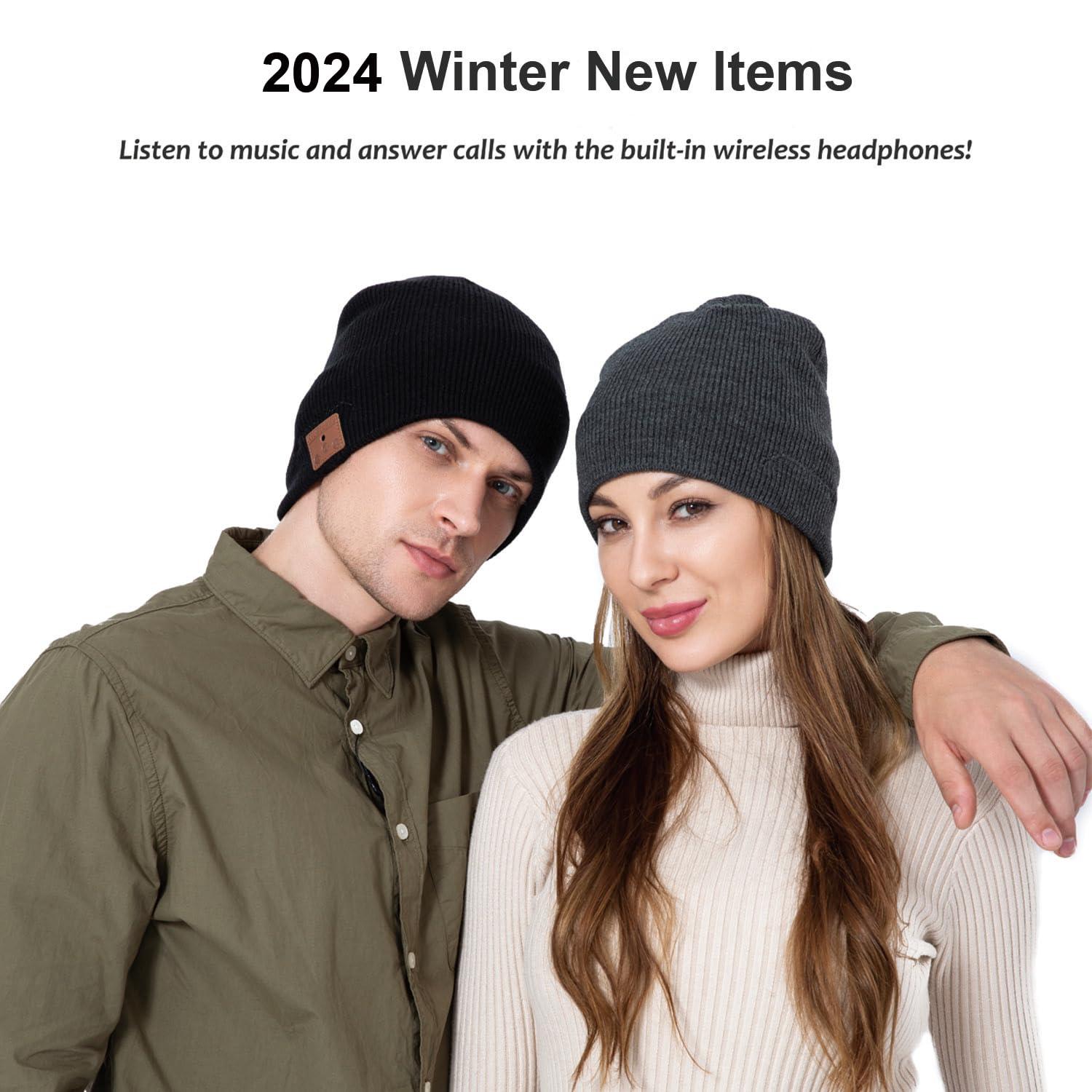 beanie beanie Bluetooth, MUSICBEE Bluetooth V5.2 Wireless Knit Winter Cap, 24 Hour Play time, Built-in Microphone and HD Stereo Speakers(Black